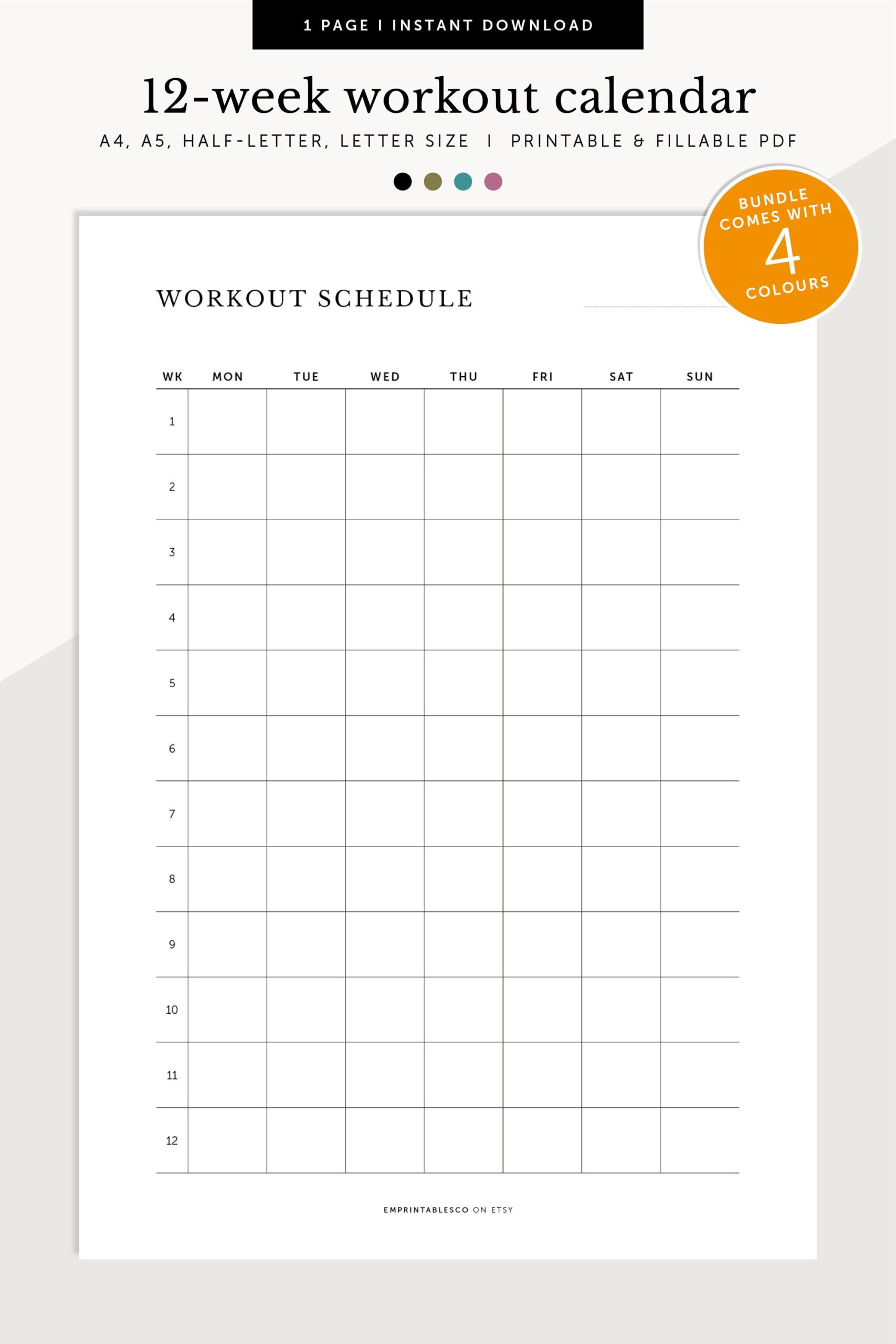 12-Week Workout Planner, Fitness Schedule, 3-Month Fitness Planner intended for 12 Week Calendar Printable Free