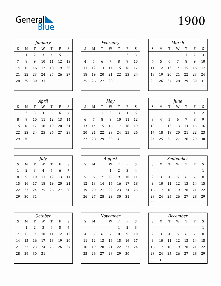 1900 Blank Yearly Calendar Printable intended for 100 Years Calendar From 1900 To 2025 Printable