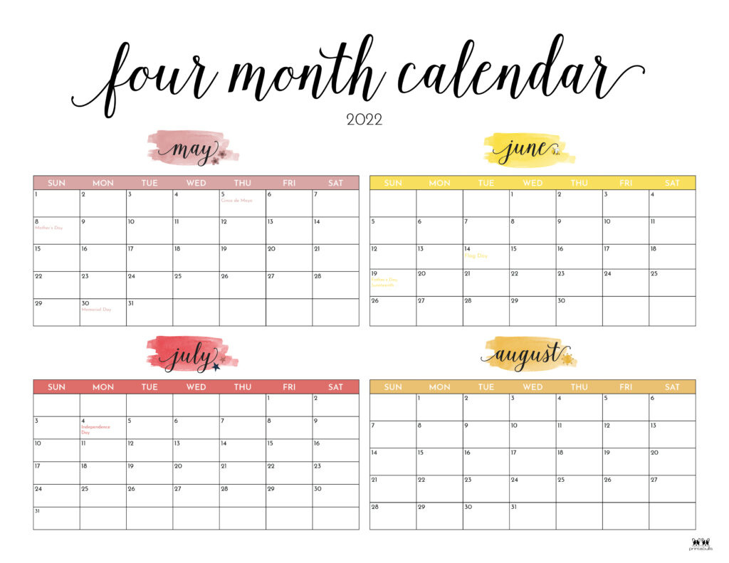 2022 4 Month Calendars - 20 Free Printables | Printabulls pertaining to 4 Month Calendar Free Printable