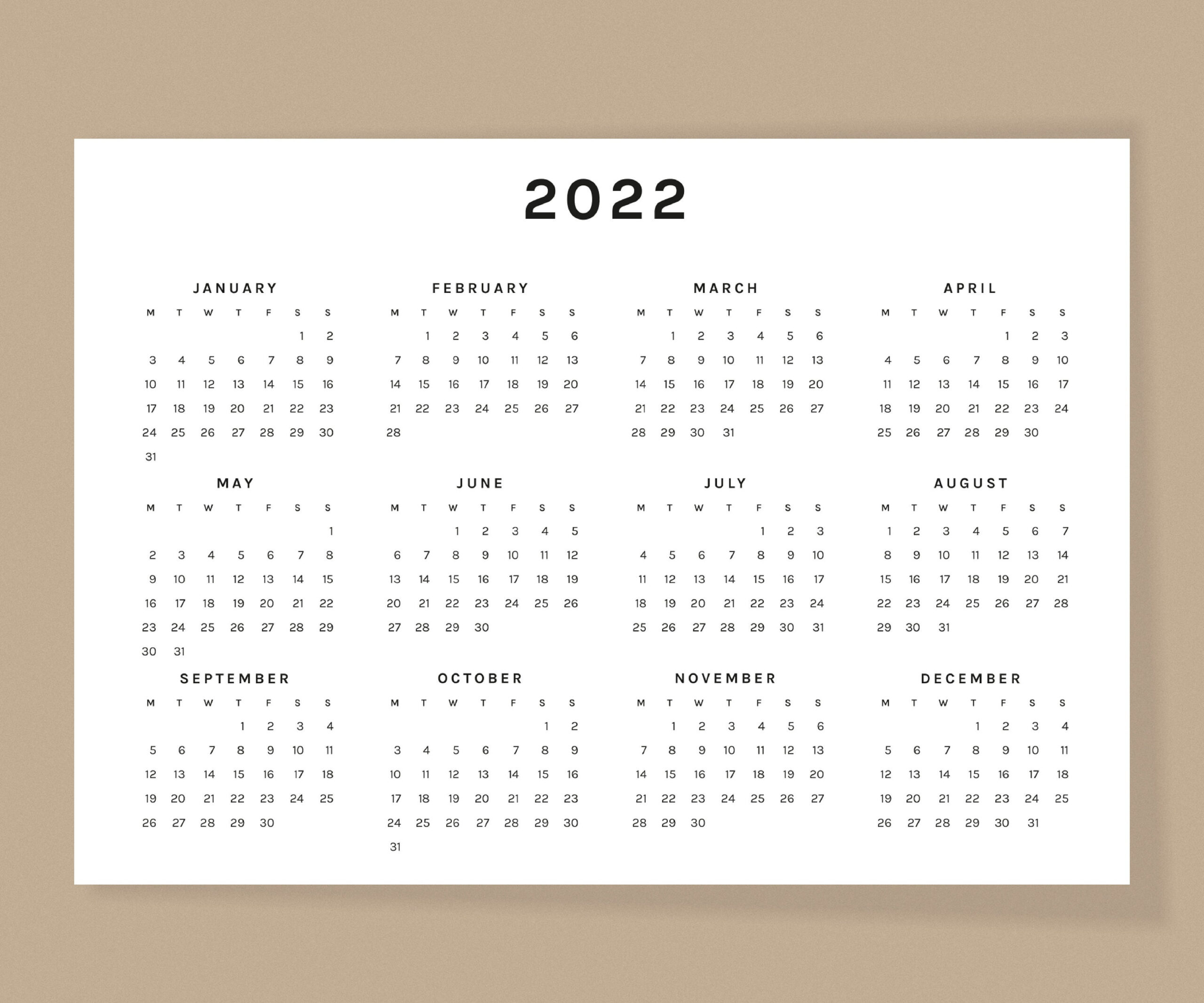 2022 Minimal Printable Calendar, Yearly Calendar, Monday Sunday in 8 1 2 X 11 Printable Calendar