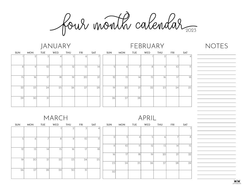 2023 Four Month Calendars - 18 Free Printables | Printabulls in 2025 Printable Calendar 4 Months Per Page