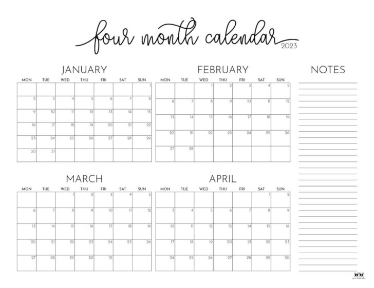 2025 Printable Calendar 4 Months Per Page