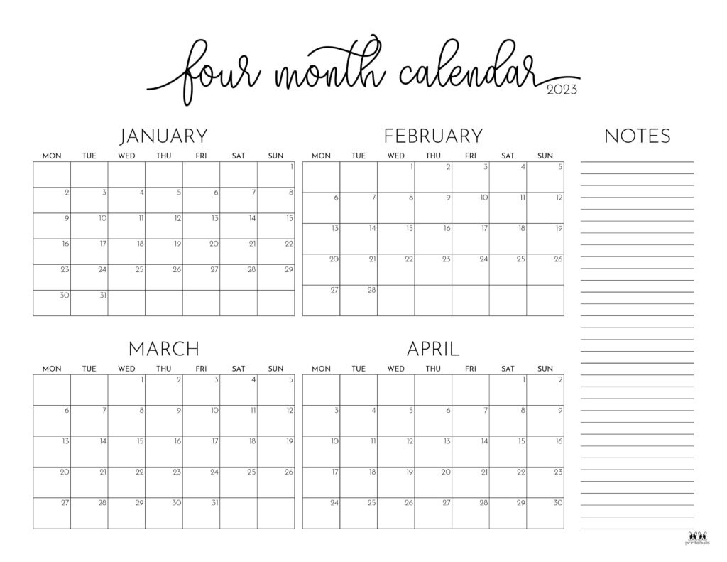 2023 Four Month Calendars - 18 Free Printables | Printabulls within 2025 Printable Calendar 4 Months Per Page