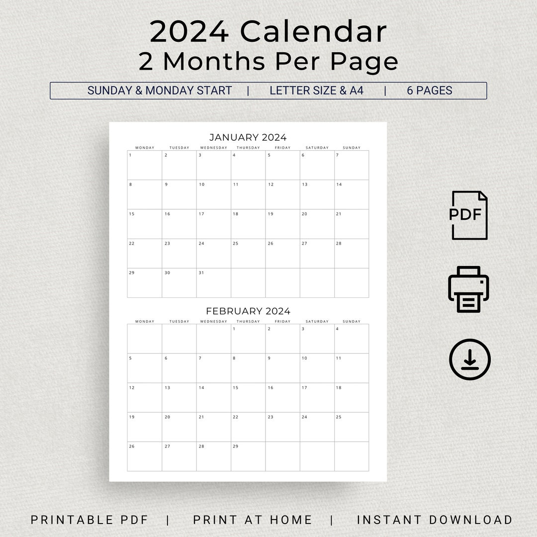 2024 2 Month Calendar 2024 Planner Calendar Wall Calendar 2 Months throughout 2 Month Calendar Printable