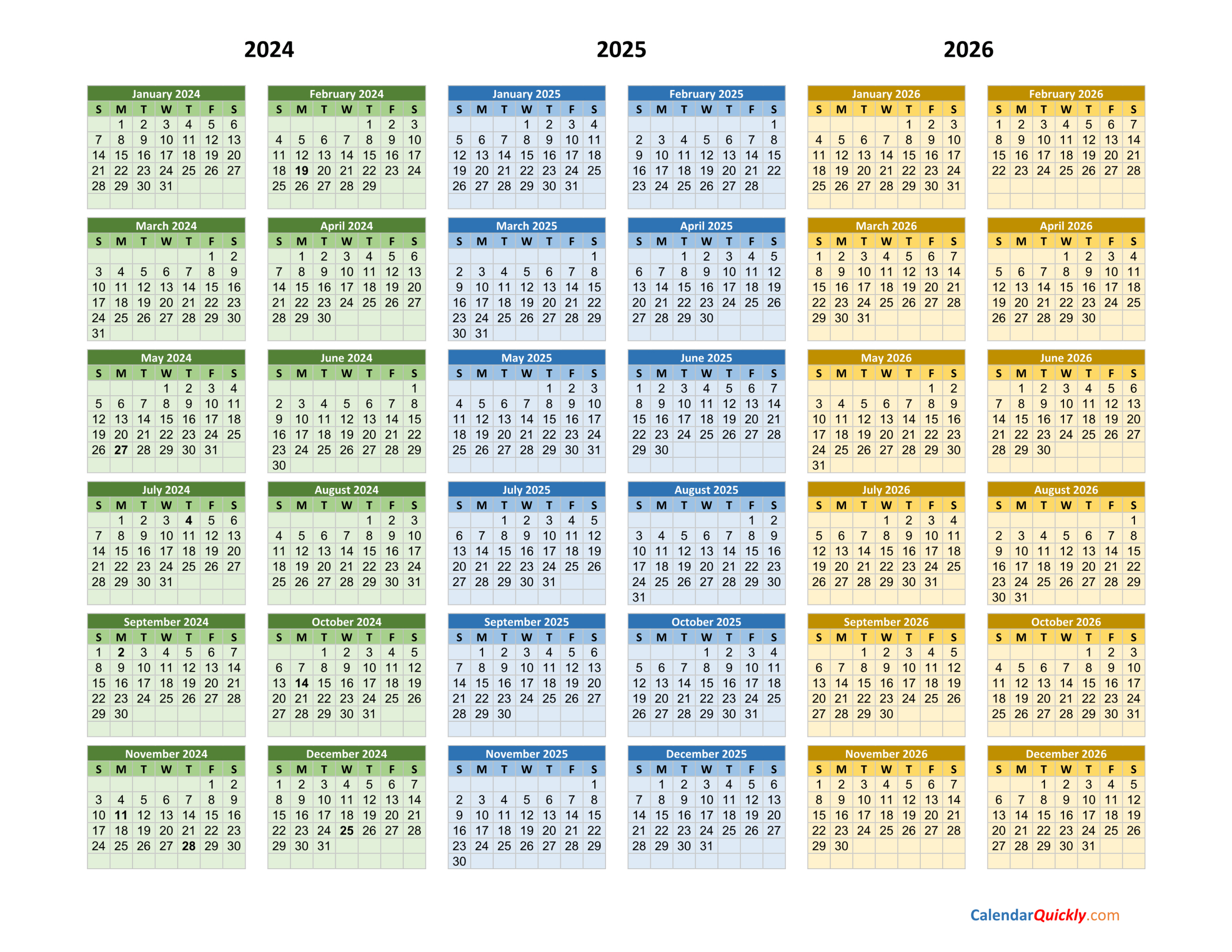 2024-2025-2026 Calendar | Calendar Quickly with 5 Year Calendar 2025 to 2026 Printable