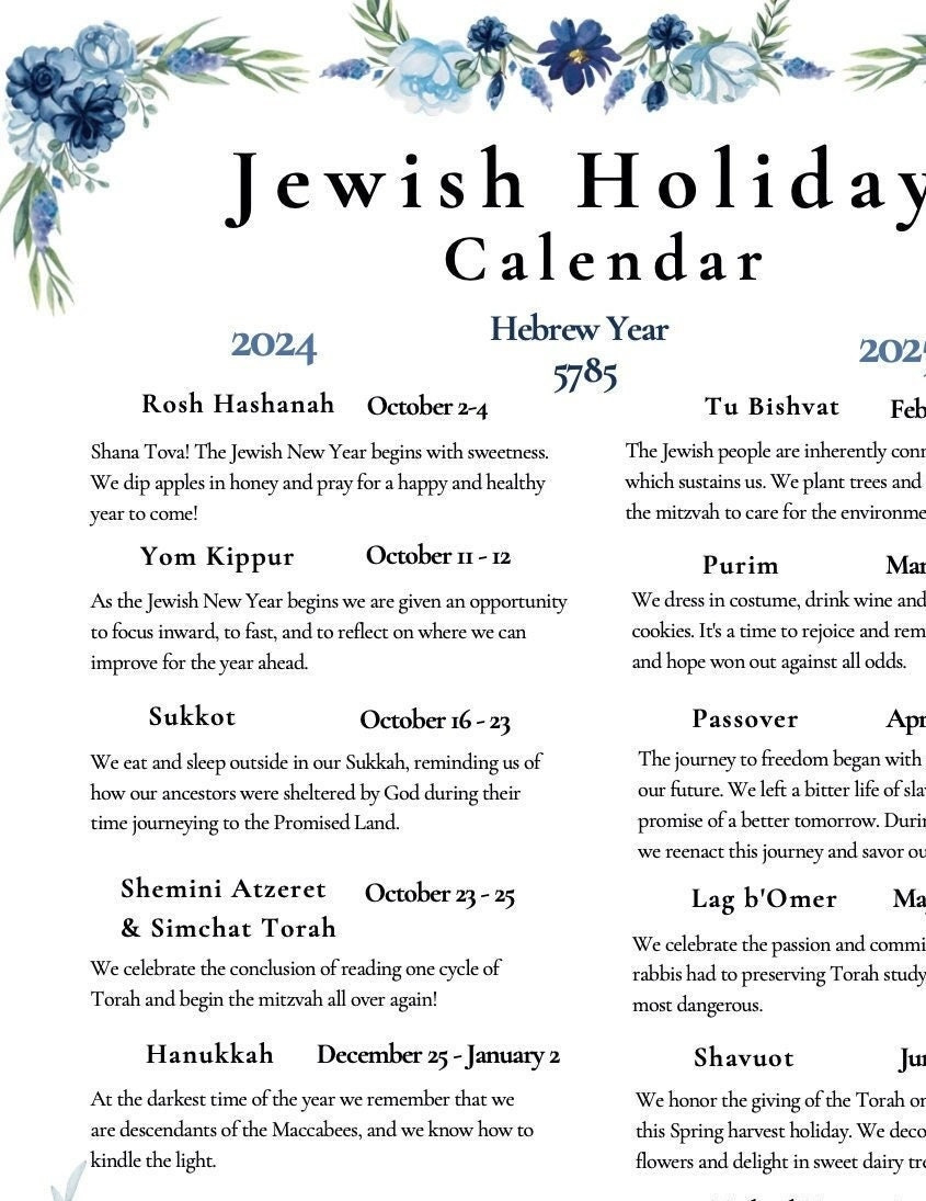 2024-2025 New Jewish Holiday Calendar Hebrew Calendar 5785 Rosh in Jewish Holidays 2025 Calendar Printable