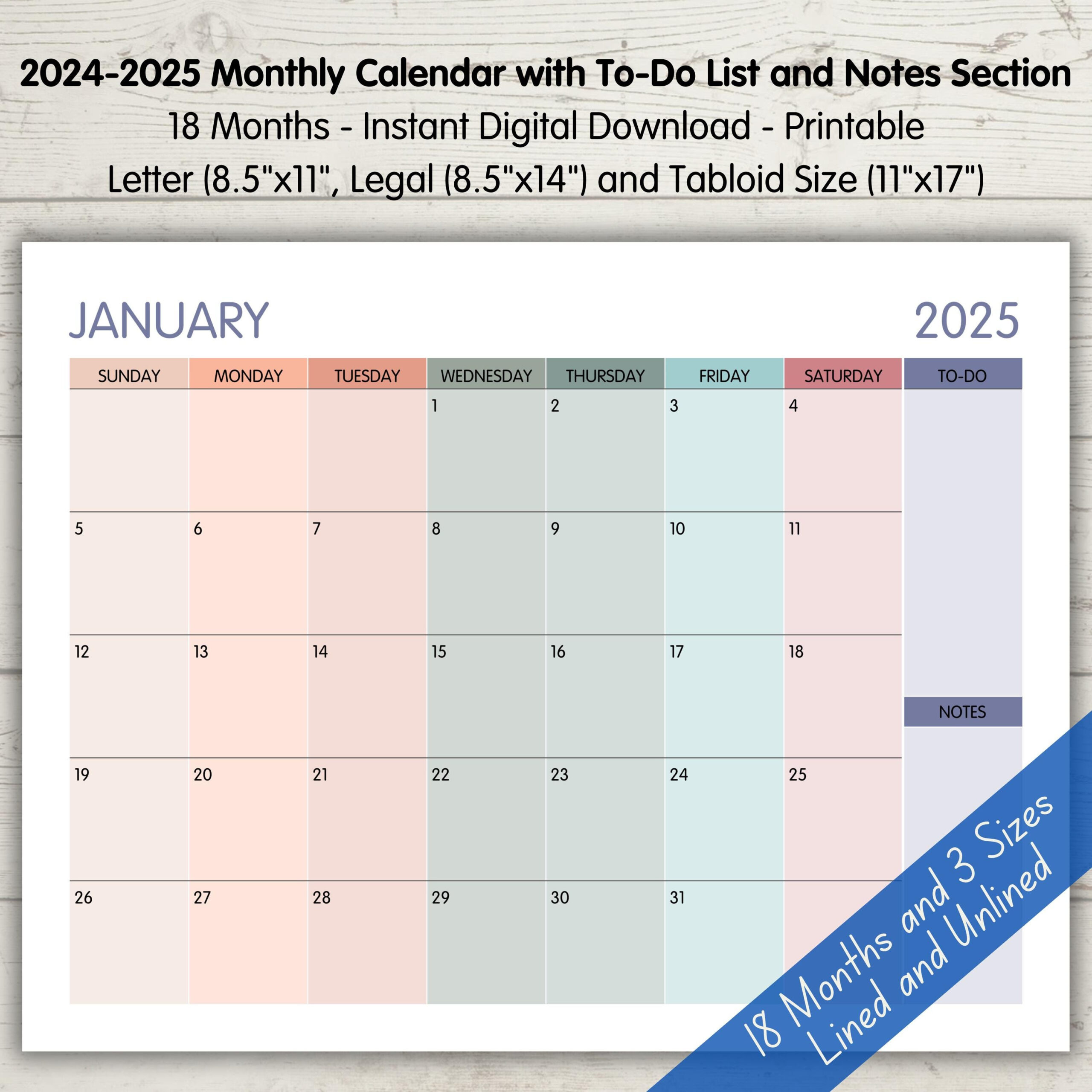 2025 12-Month Monthly Calendar W/To-Do List/Notes, Landscape with regard to 18 Month Calendar Printable