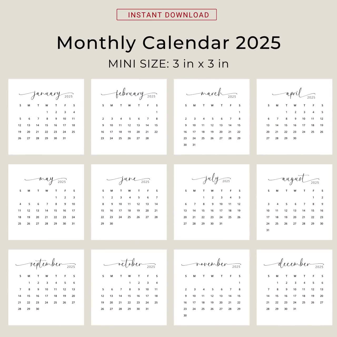 2025 3X3 Mini Calendar 2025 Calendar Card 2025 Pocket Calendar Elegant Printable Calendar Mini 3X3 Inch Calendar Pdf Sunday &amp;amp; Monday Start intended for Small Calendar 2025 Printable