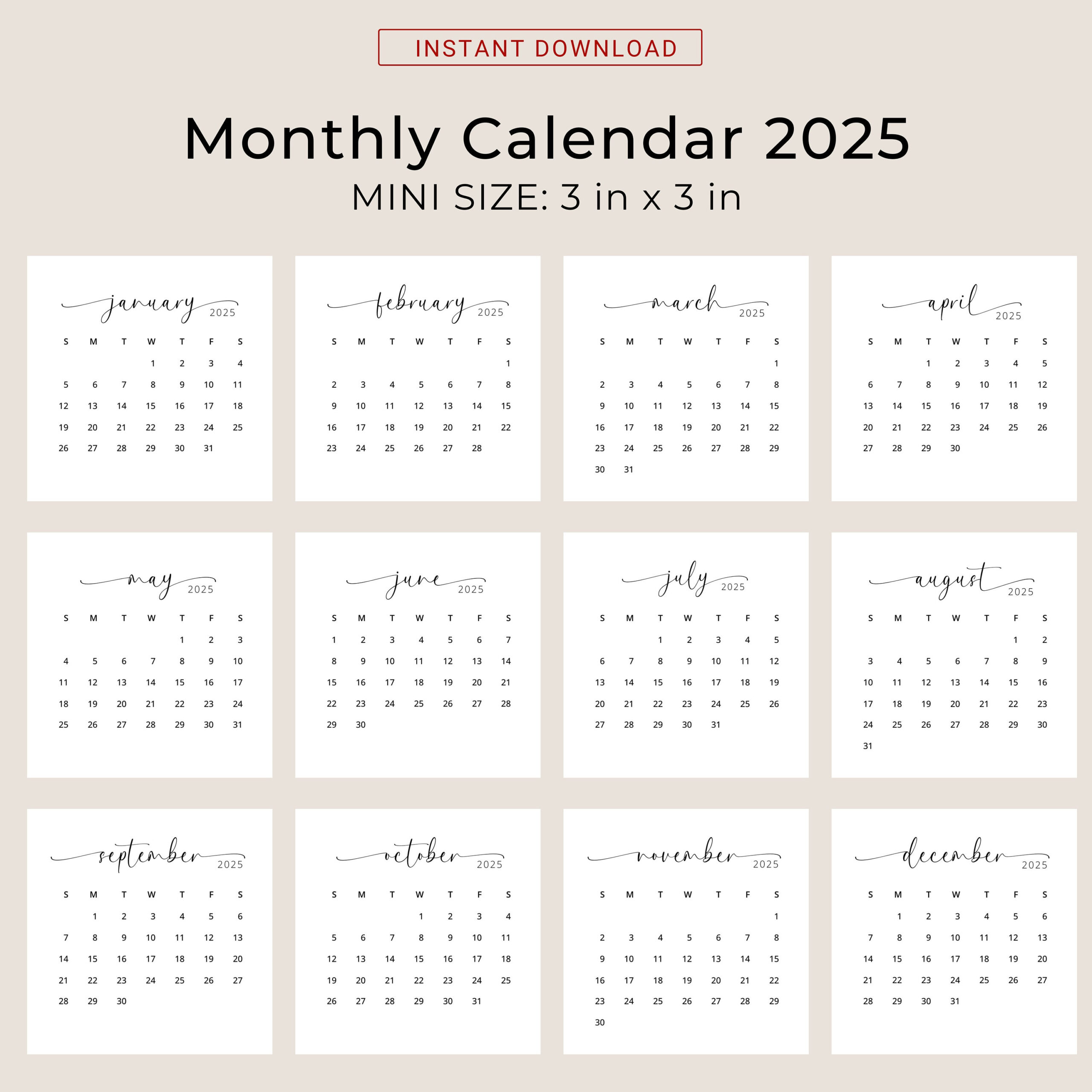 2025 3X3 Minikalender 2025 Kalenderkarte 2025 Taschenkalender in 2025 Calendar Small Printable