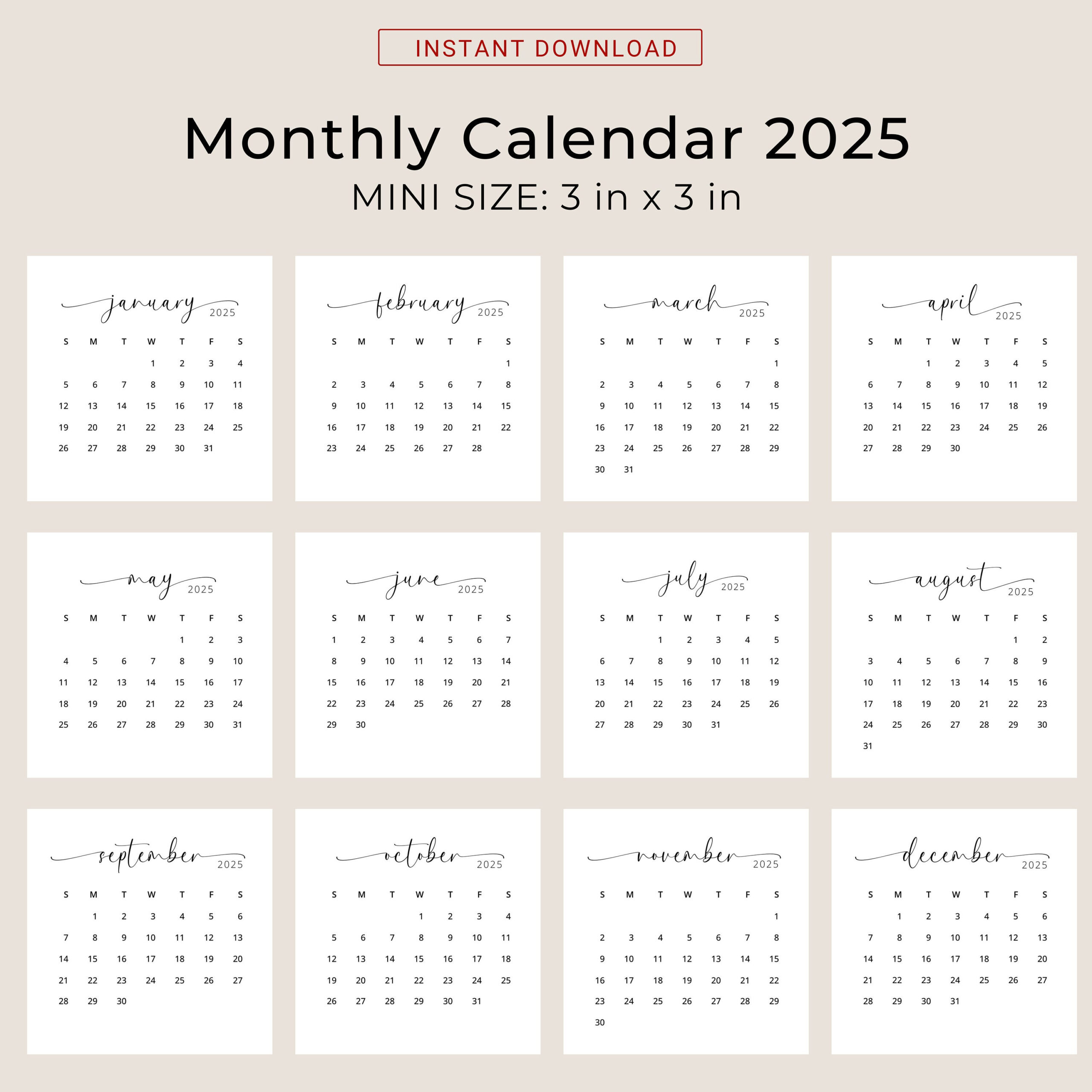 2025 3X3 Minikalender 2025 Kalenderkarte 2025 Taschenkalender in Small Monthly Calendar 2025 Printable