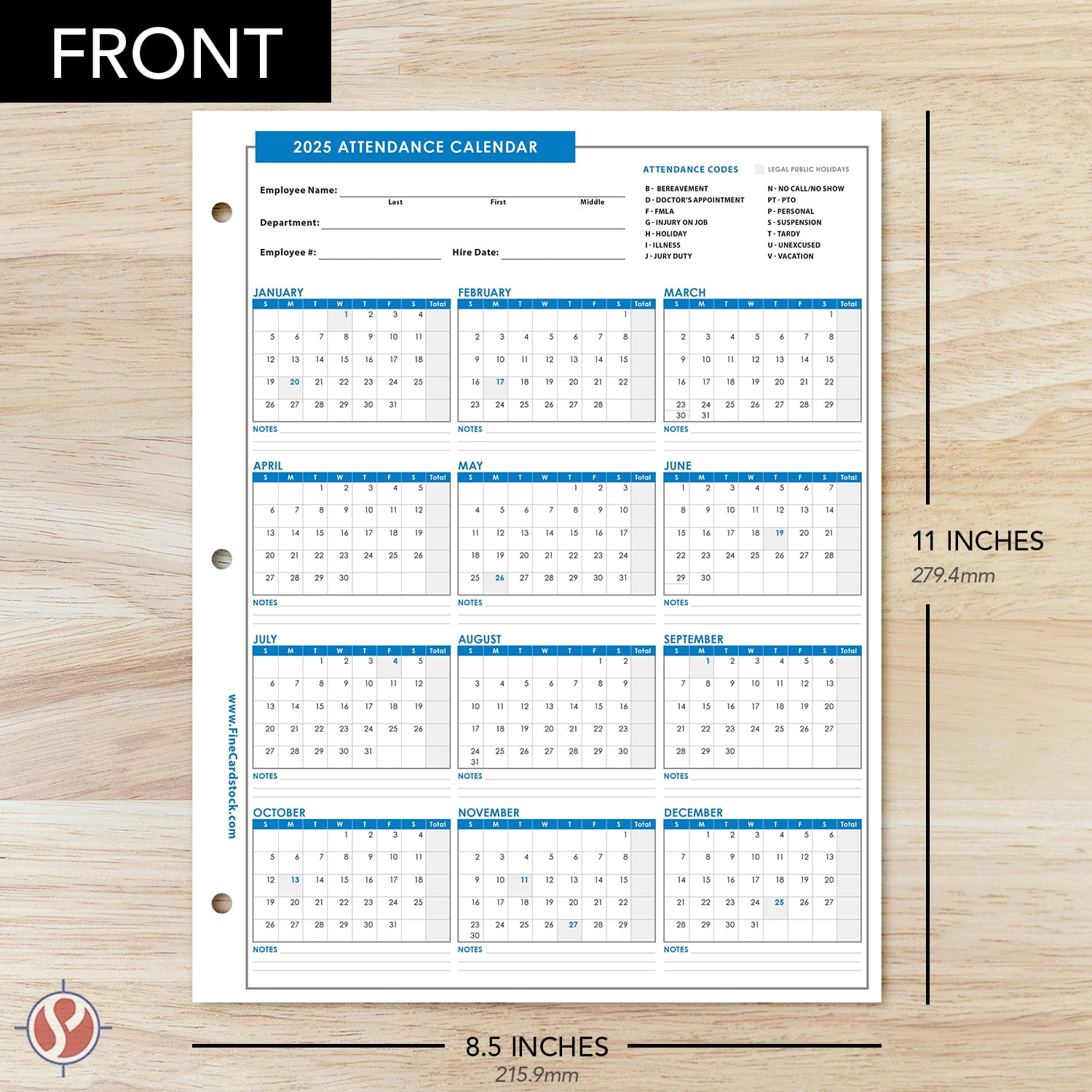 2025 Attendance Calendar Card Stock Paper, Employee Work Tracker in 2025 Employee Attendance Calendar Printable