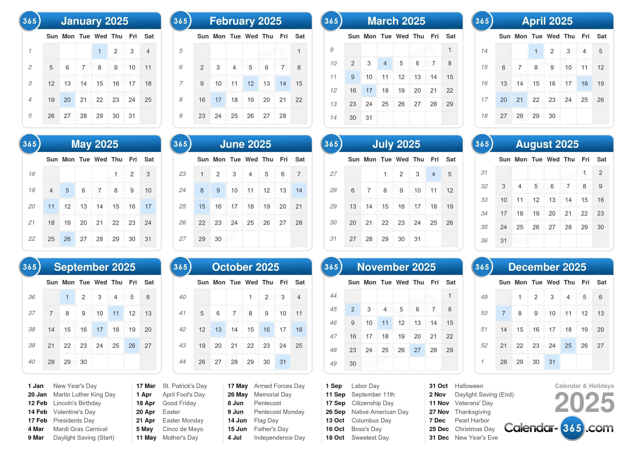 2025 Calendar for Printable Calendar 2025 Days of the Week