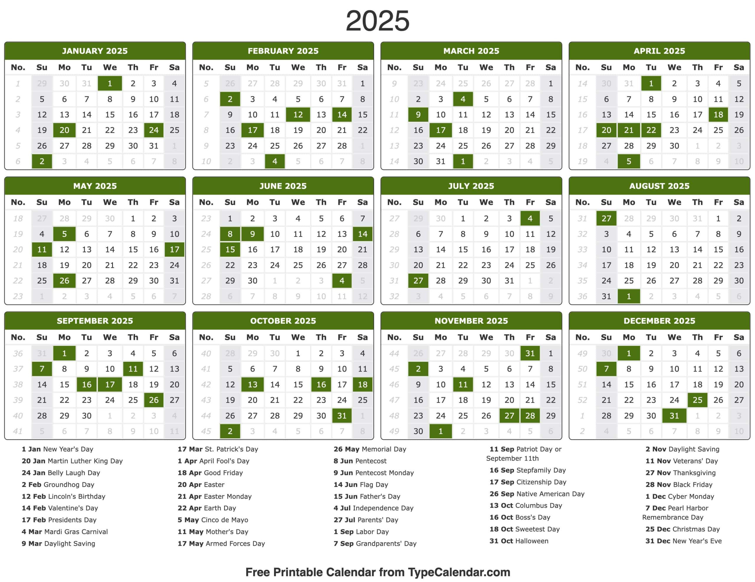 2025 Calendar - Printable Calendar 2025 With Holidays for 2025 Printable Holiday Calendar