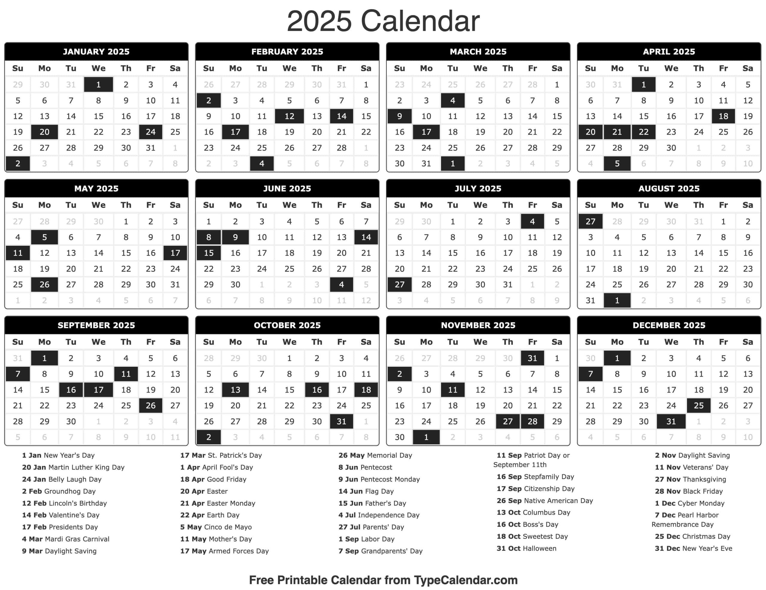 2025 Calendar - Printable Calendar 2025 With Holidays inside Calendar 2025 And Weather Chart Printable