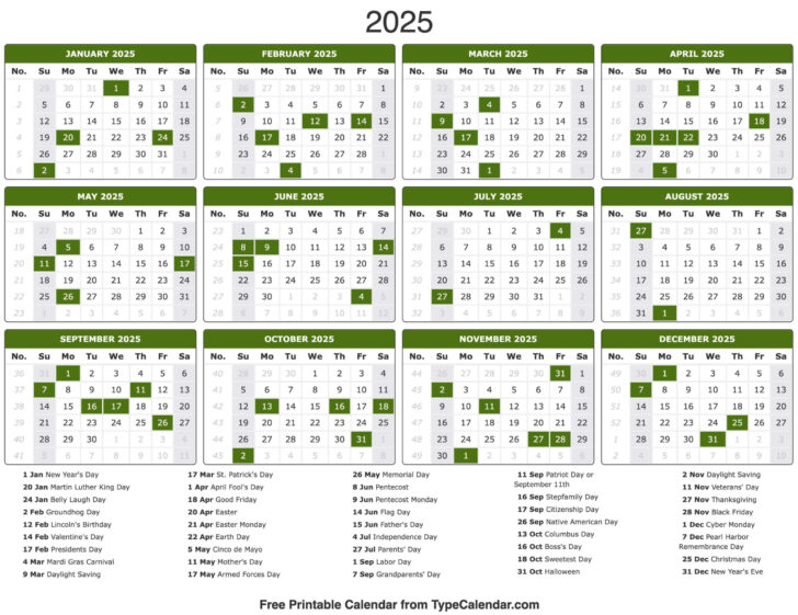 2025 Calendar with Holidays Printable Free Download