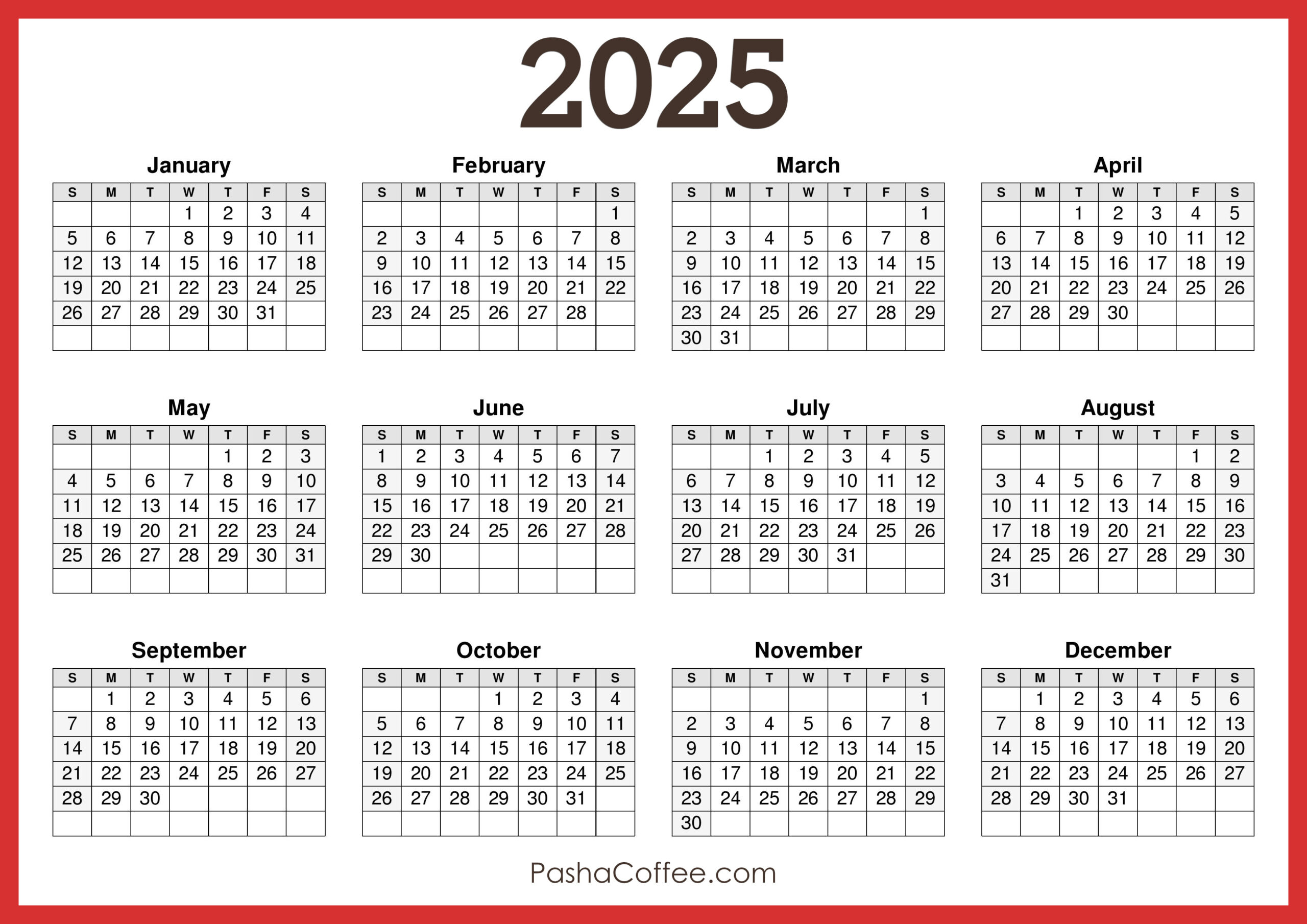 2025 Calendar Printable Free, Horizontal, Red – Pashacoffee for 2025 Horizontal Calendar Printable