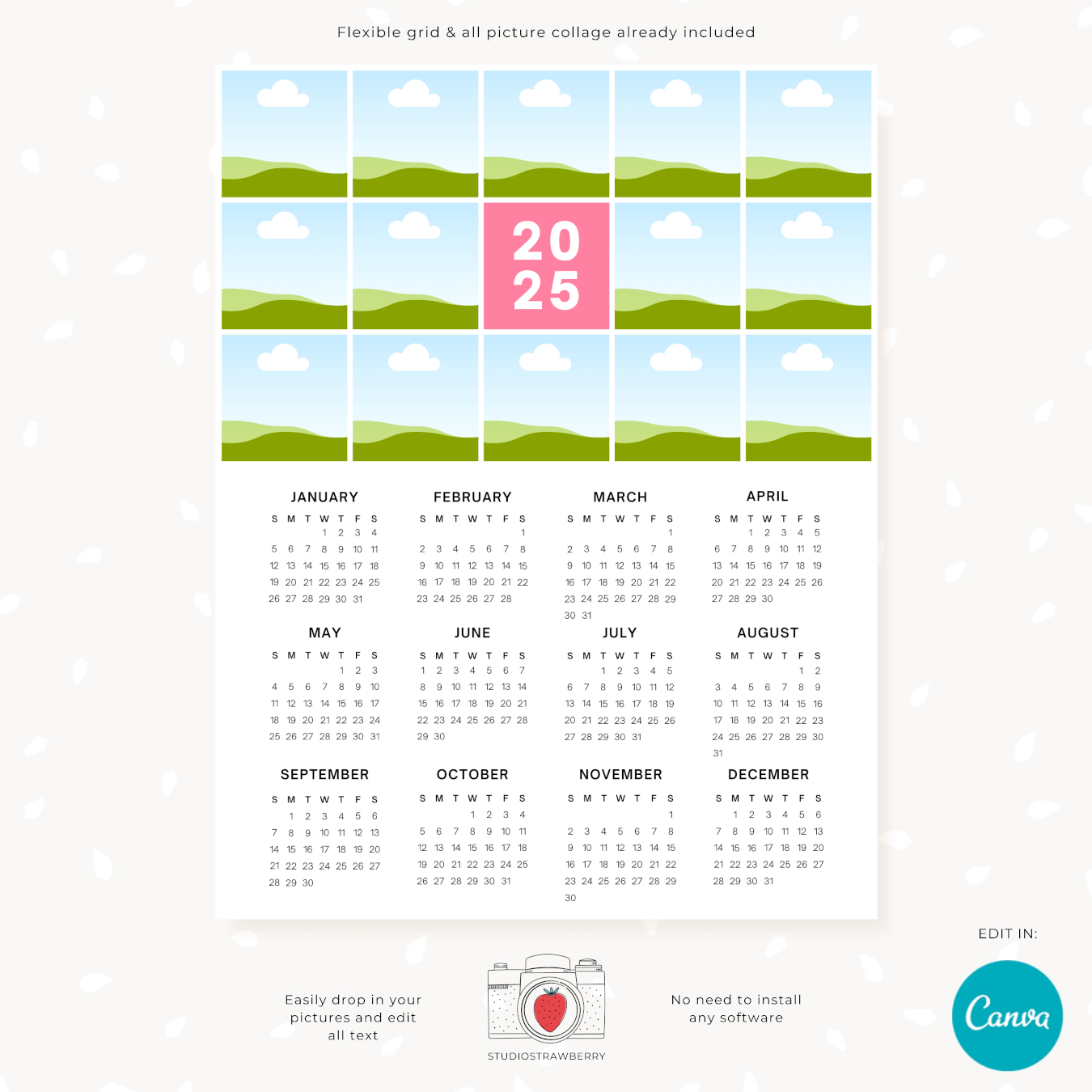 2025 Calendar With Customizable Grid Photo Collage – Strawberry Kit throughout Free Printable Personalized Calendar 2025