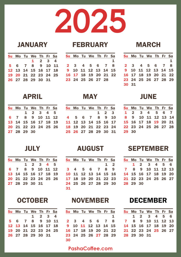 Calendar For 2025 with Holidays Printable