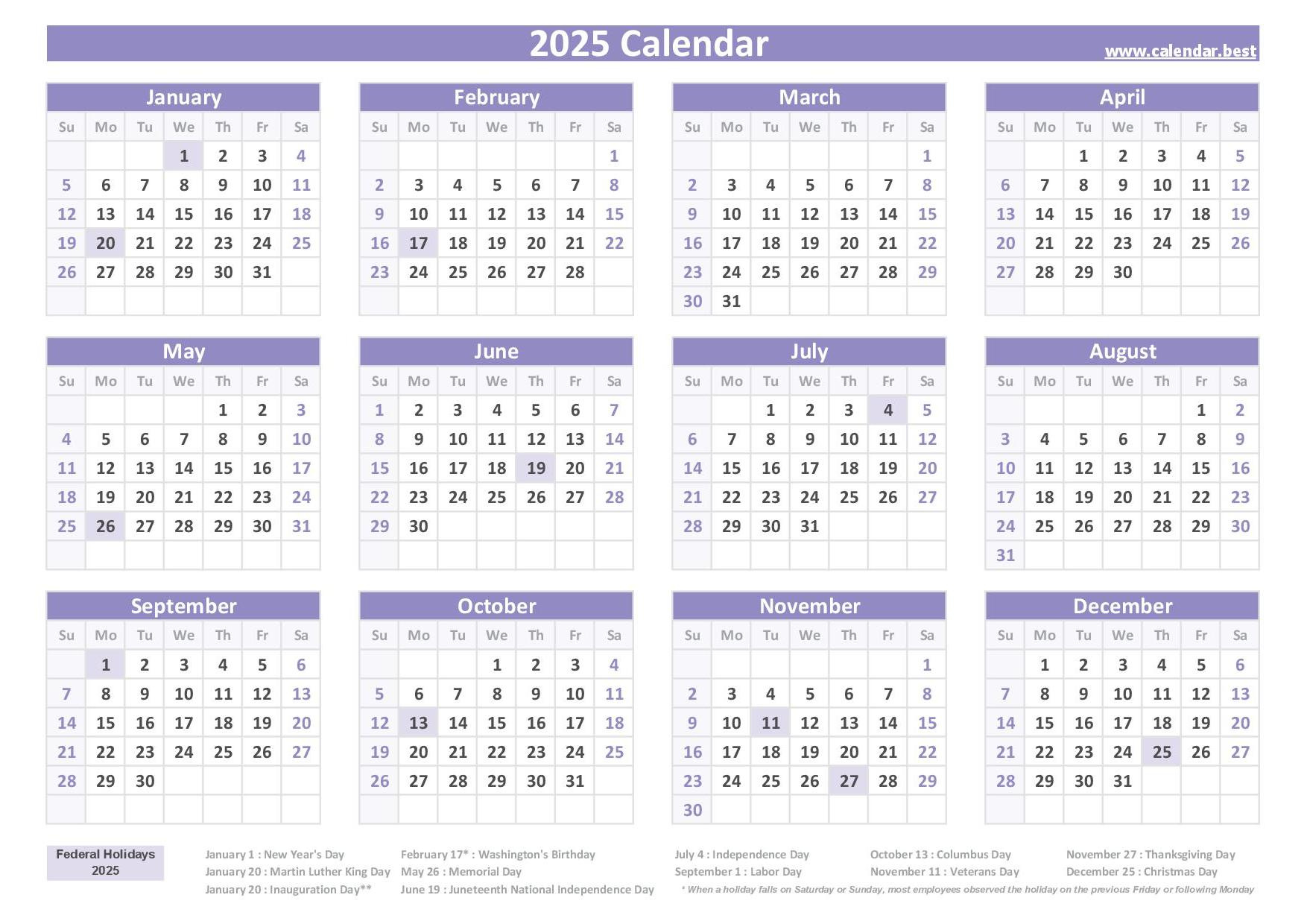 2025 Calendar With Holidays (Us Federal Holidays) for 2025 Yearly Calendar With Holidays Printable