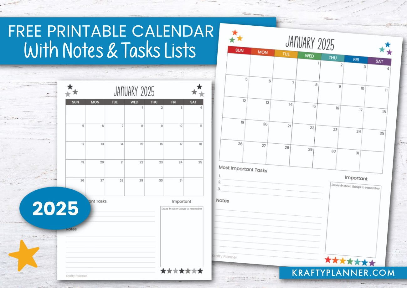 2025 Calendar With Notes And Task Lists — Krafty Planner in Free Printable Calendar 2025 With Notes