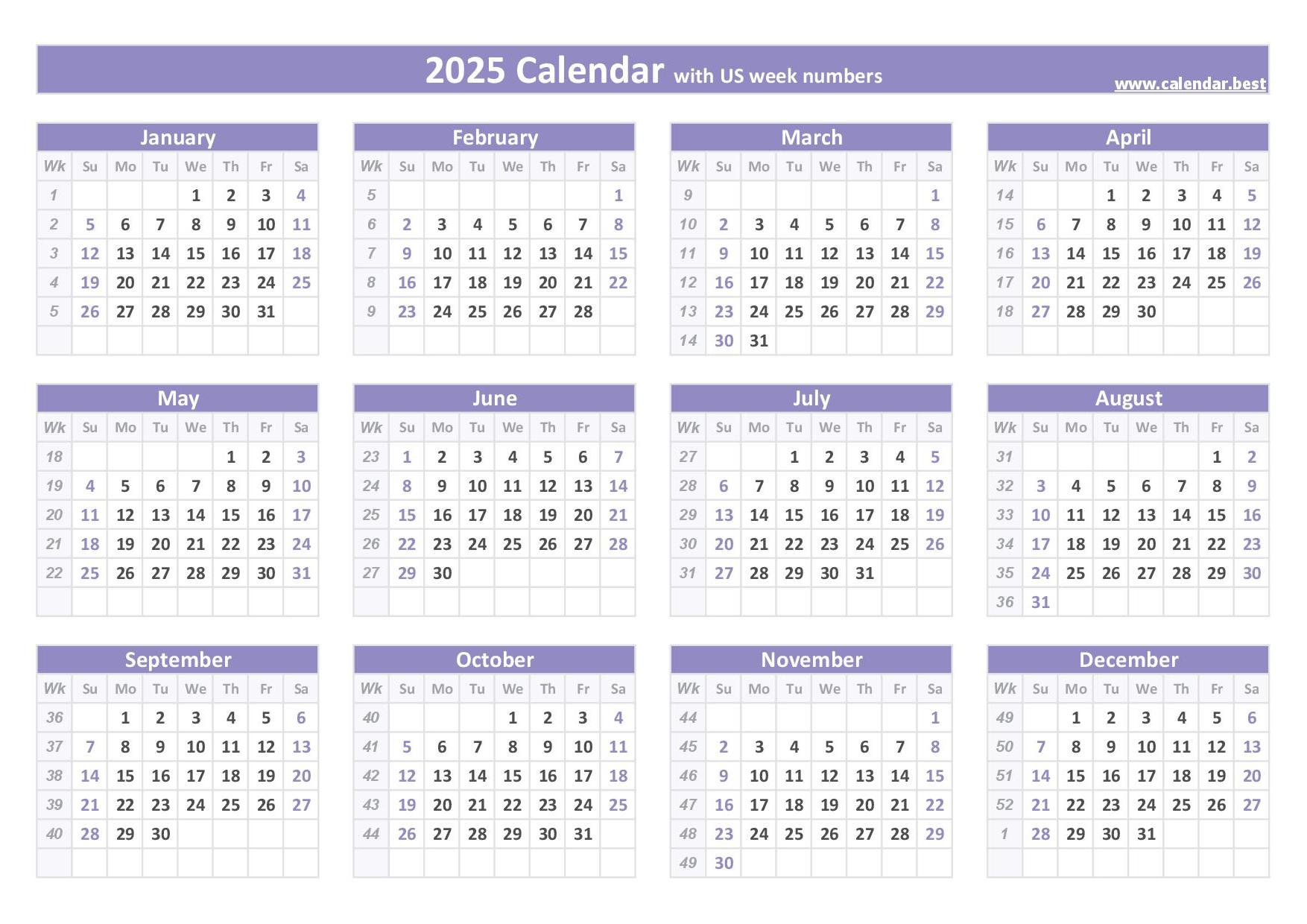 2025 Calendar With Week Numbers for Weeks Calendar 2025 Printable