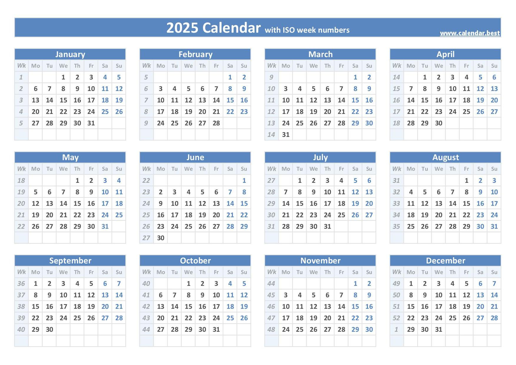 2025 Calendar With Week Numbers (Us And Iso Week Numbers) in Week Calendar 2025 Printable Free