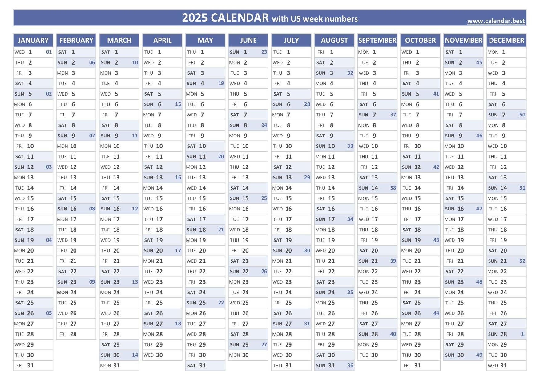 2025 Calendar With Week Numbers (Us And Iso Week Numbers) inside Timeshare Calendar 2025 Printable