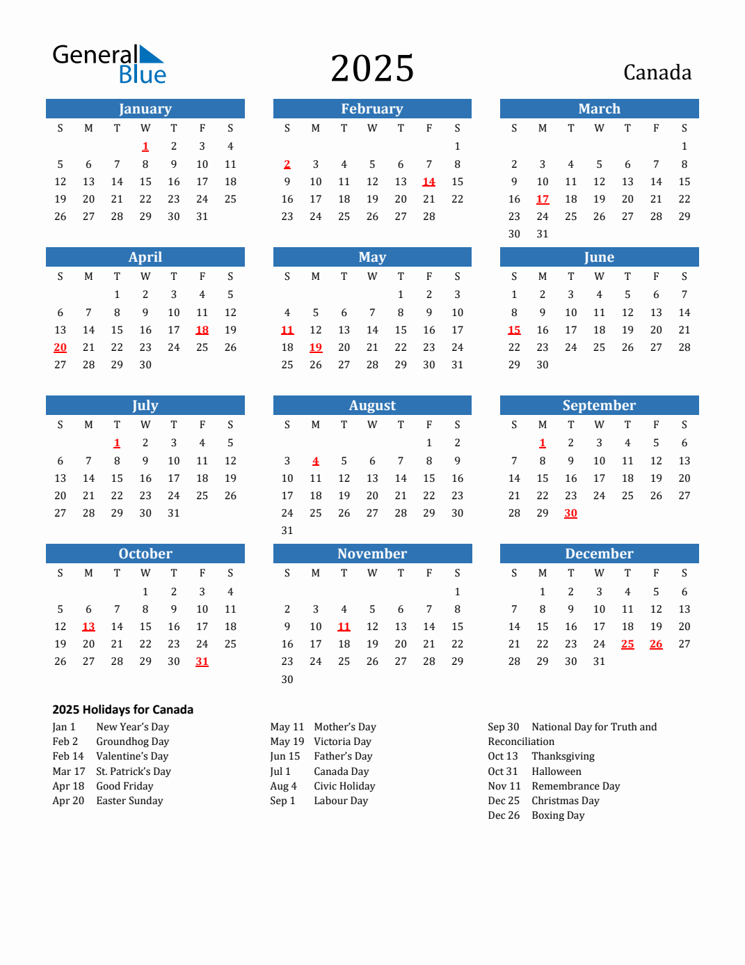 2025 Canada Calendar With Holidays in Calendar 2025 Canada Printable