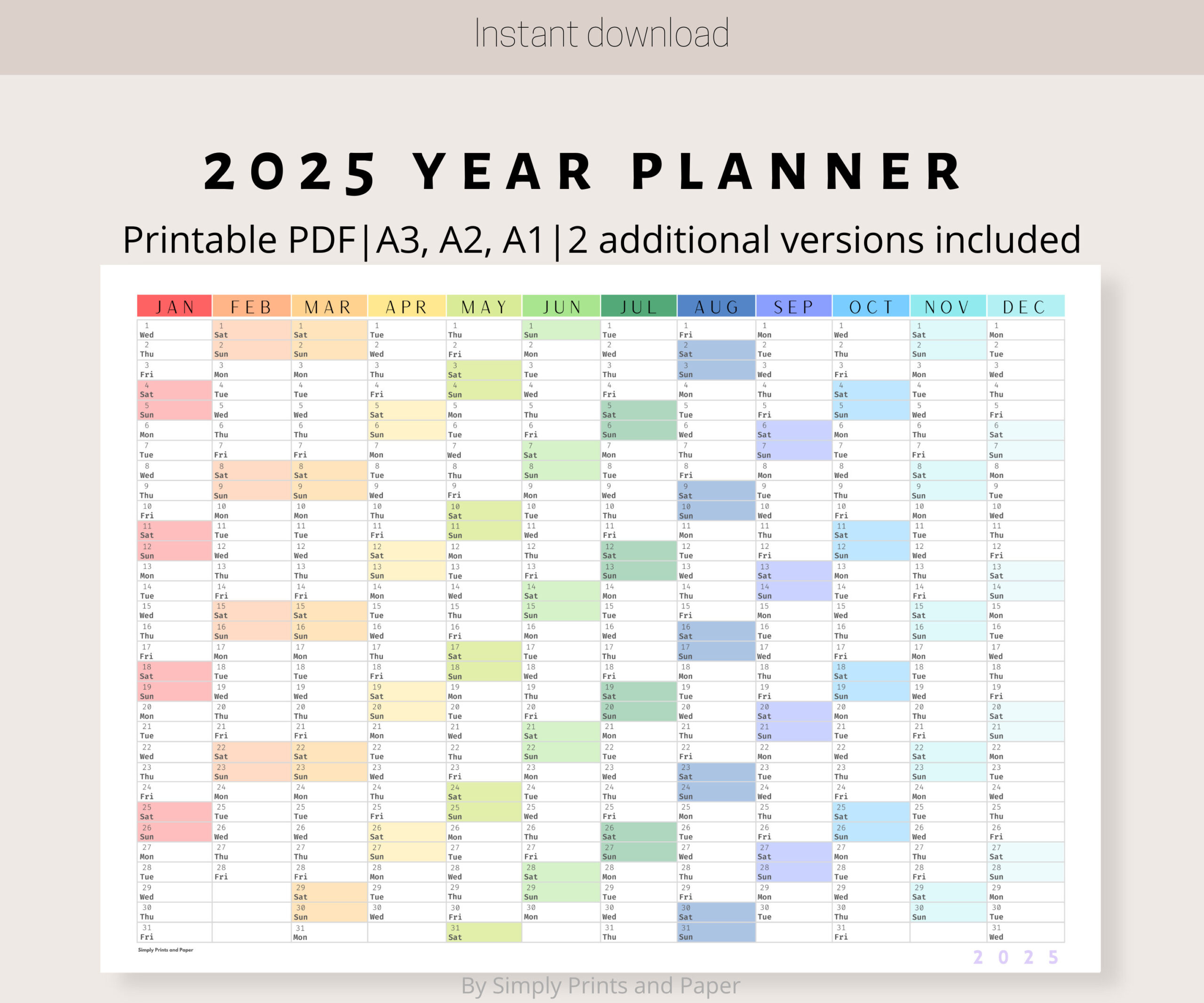 2025 Colorful Wall Calendar Printable Yearly Planner Large Wall regarding 2025 Printable Wall Calendar