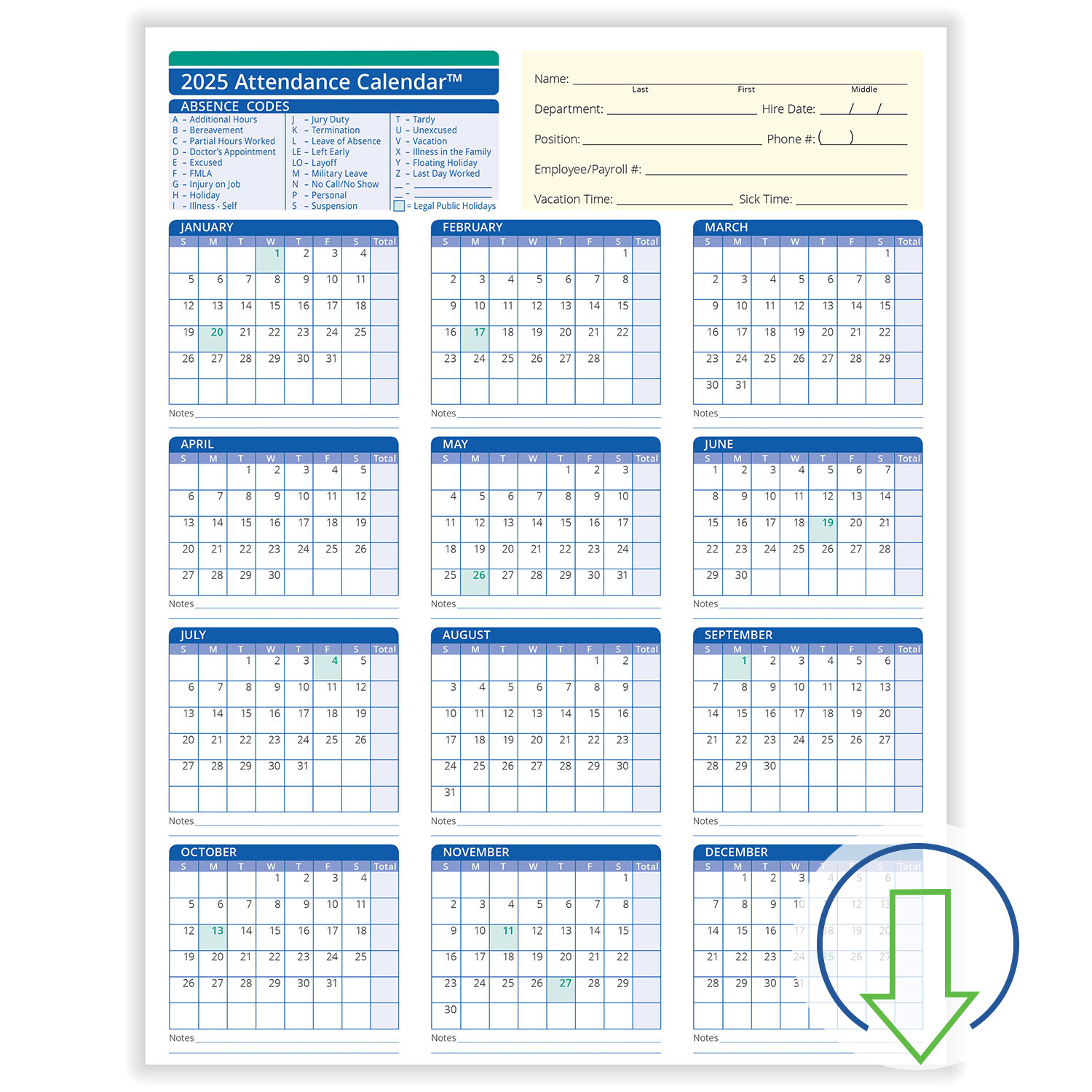 2025 Downloadable Employee Attendance Calendar | Hrdirect intended for 2025 Attendance Calendar Printable Free Download