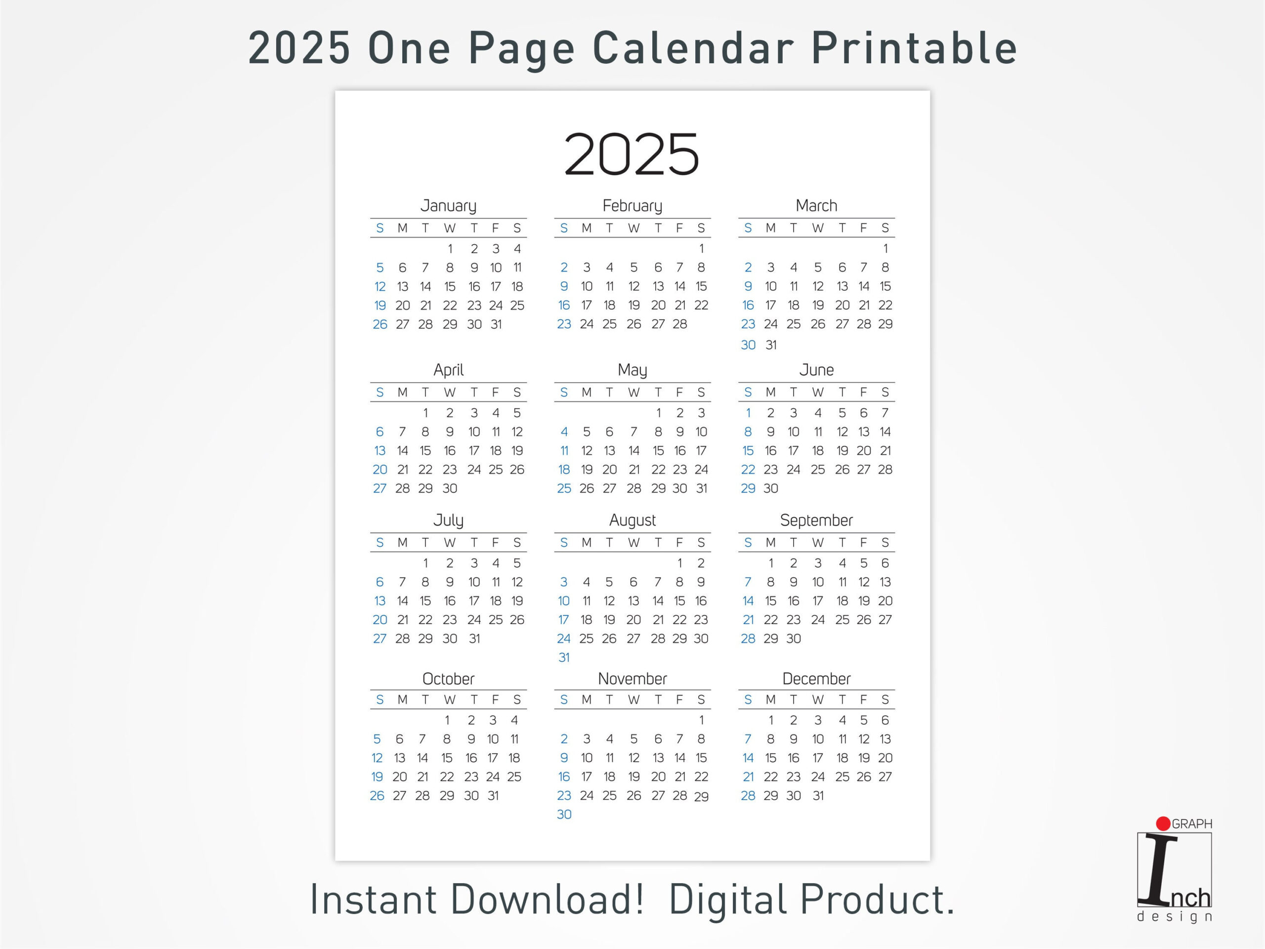 2025 Druckbarer Kalender, 12 Monate Einseitiger Kalender with One Page 2025 Calendar Printable