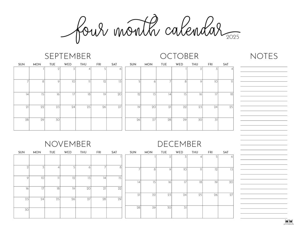 2025 Four Month Calendars - 31 Free Printables | Printabulls for Calendar 2025 by Month Printable