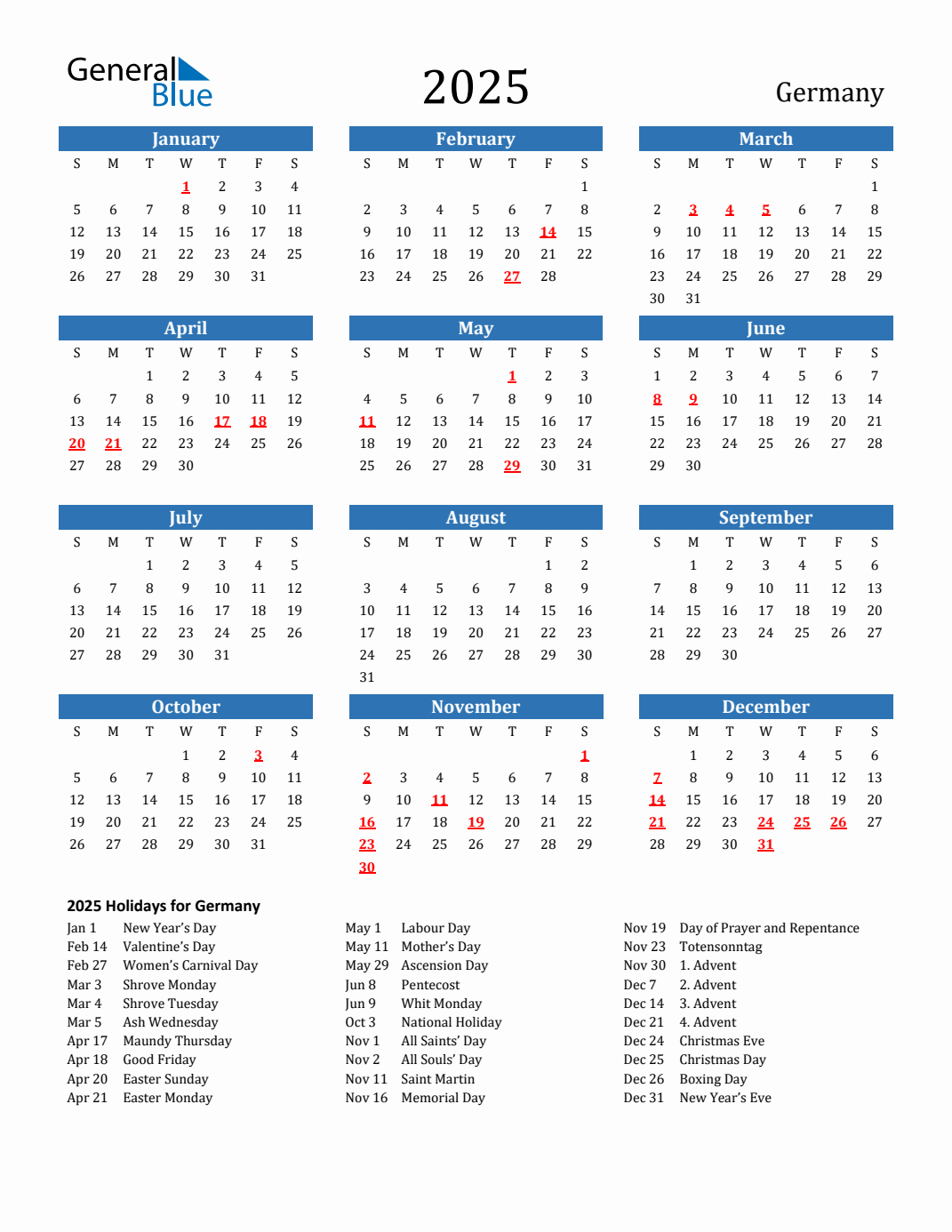 2025 Germany Calendar With Holidays inside Calendar 2025 with Holidays Printable