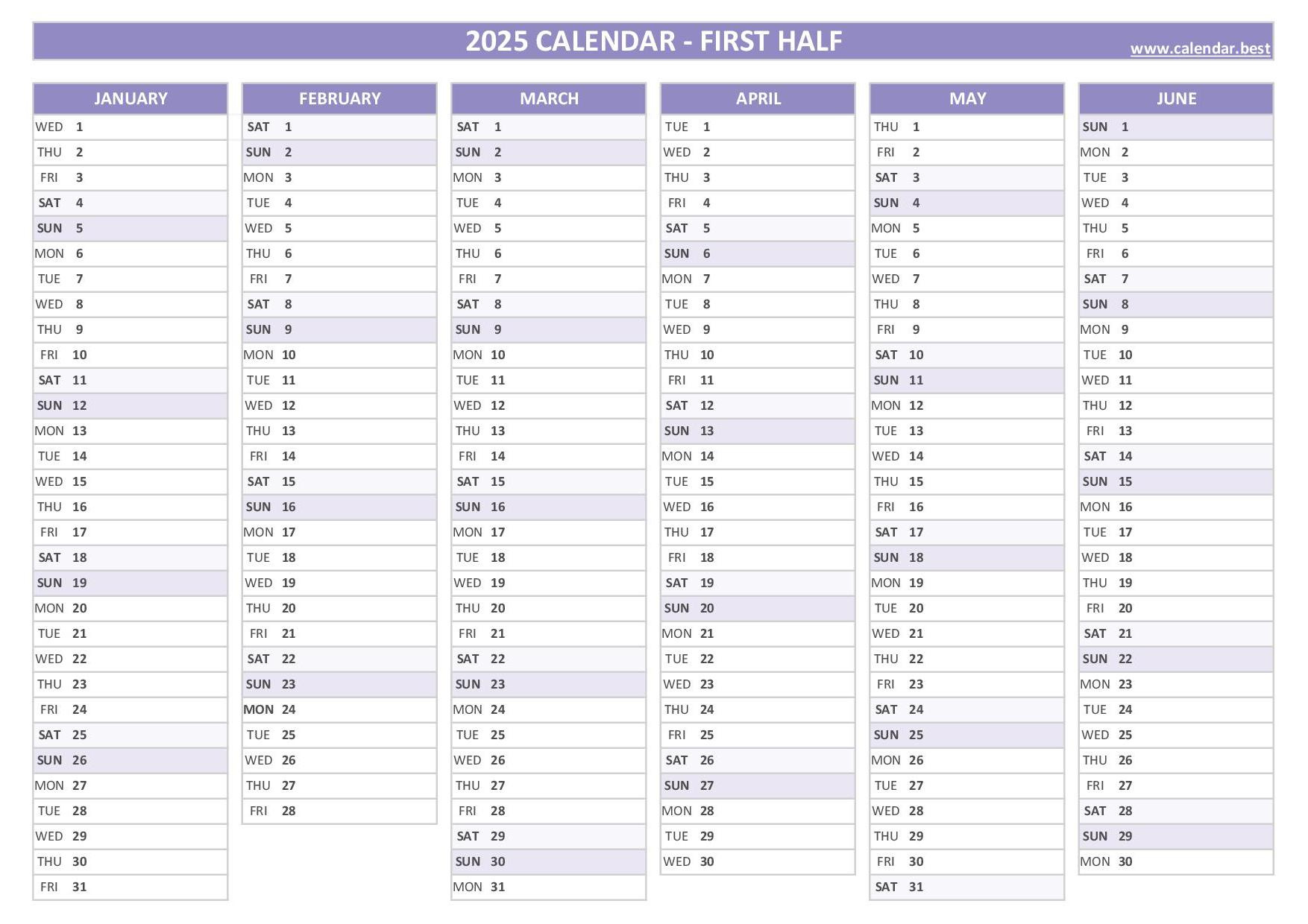 2025 Half Year Calendar To Print for Six Month Calendar 2025 Printable