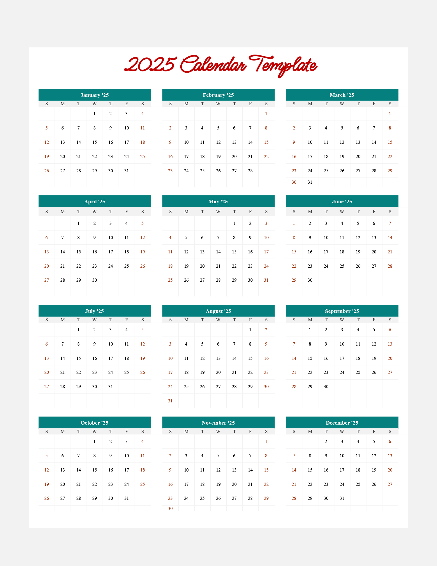 2025 Minimal Calendar Template - Google Sheets - Highfile throughout Google Calendar Printable 2025