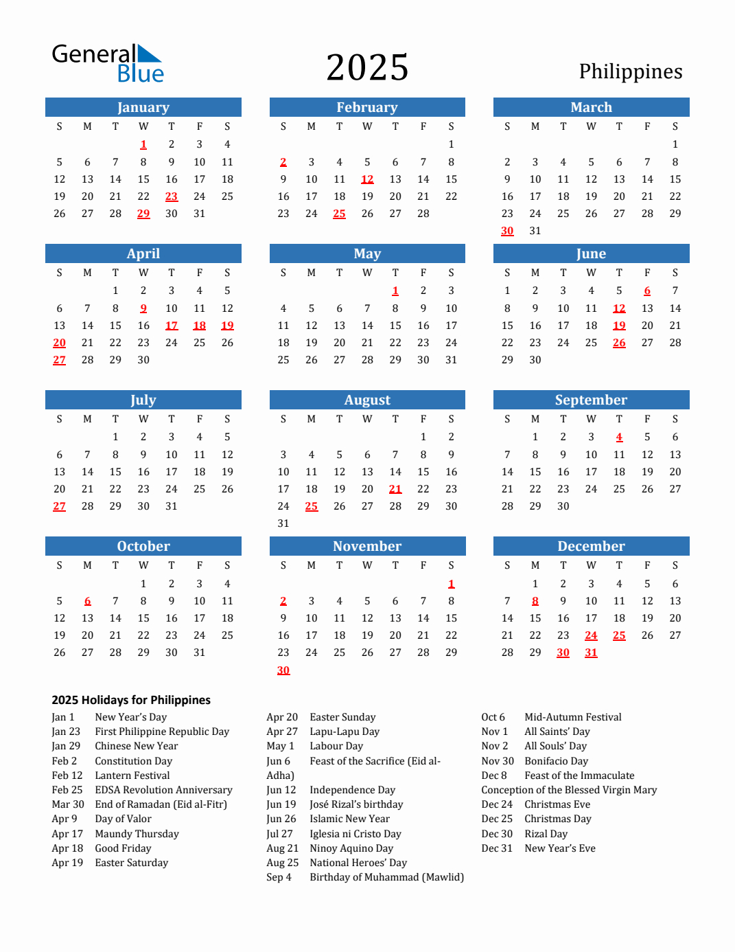 2025 Philippines Calendar With Holidays regarding 2025 Calendar Philippines With Holidays Printable