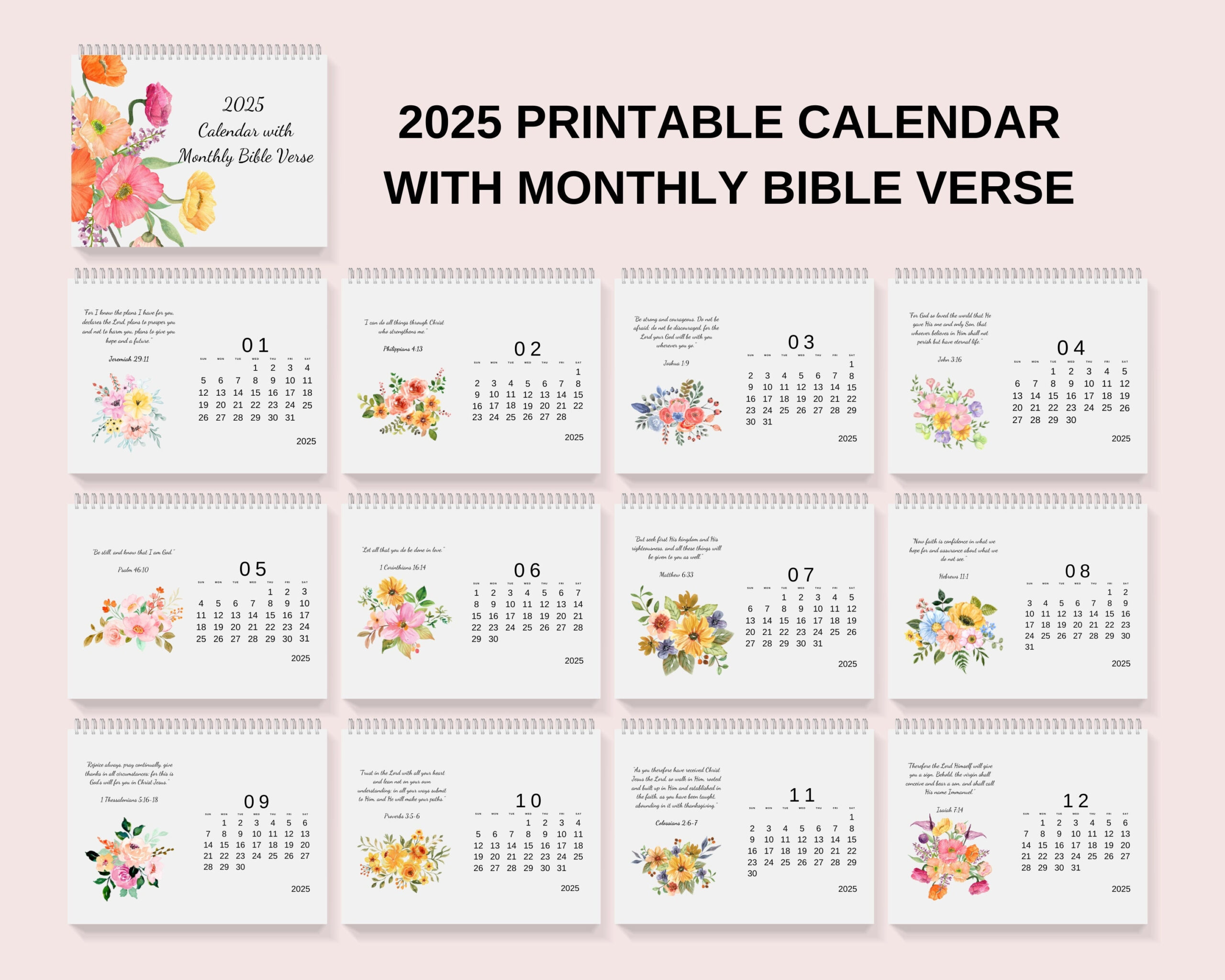 2025 Printable Monthly Calendar With Bible Verse And Watercolor inside Bible Verses Advent Calendar 2025 Printable