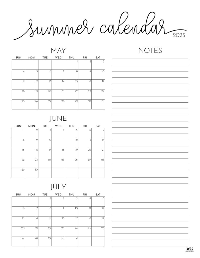 2025 Summer Calendars - 27 Free Printables | Printabulls for Summer 2025 Printable Calendar