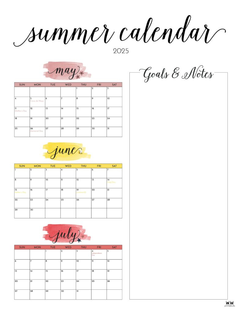 2025 Summer Calendars - 27 Free Printables | Printabulls inside Summer 2025 Printable Calendar