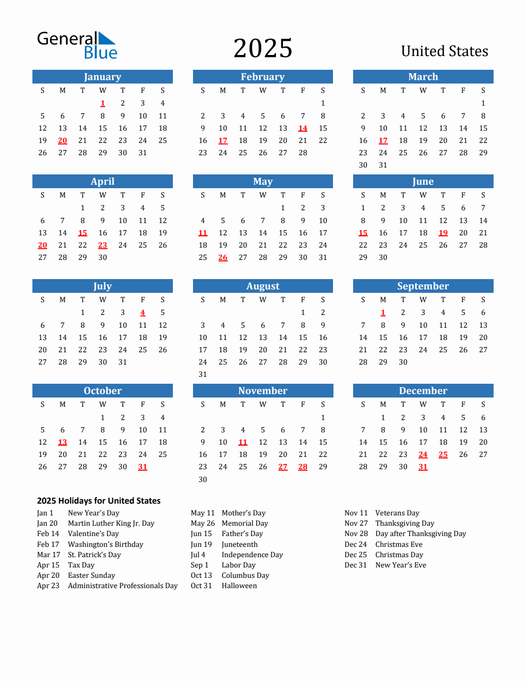 2025 United States Calendar With Holidays inside 2025 Calendar with Us Holidays Printable