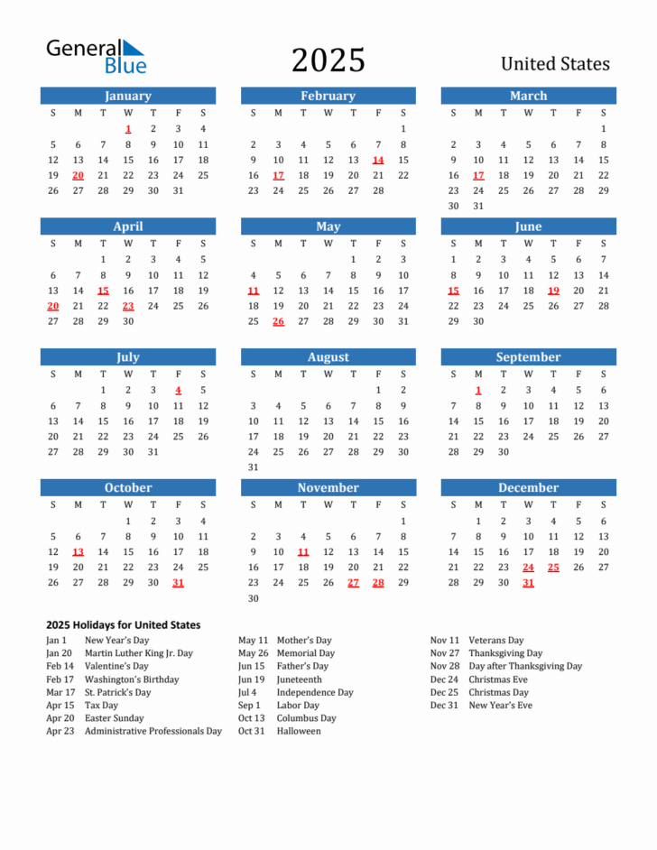 2025 Calendar Printable Holidays