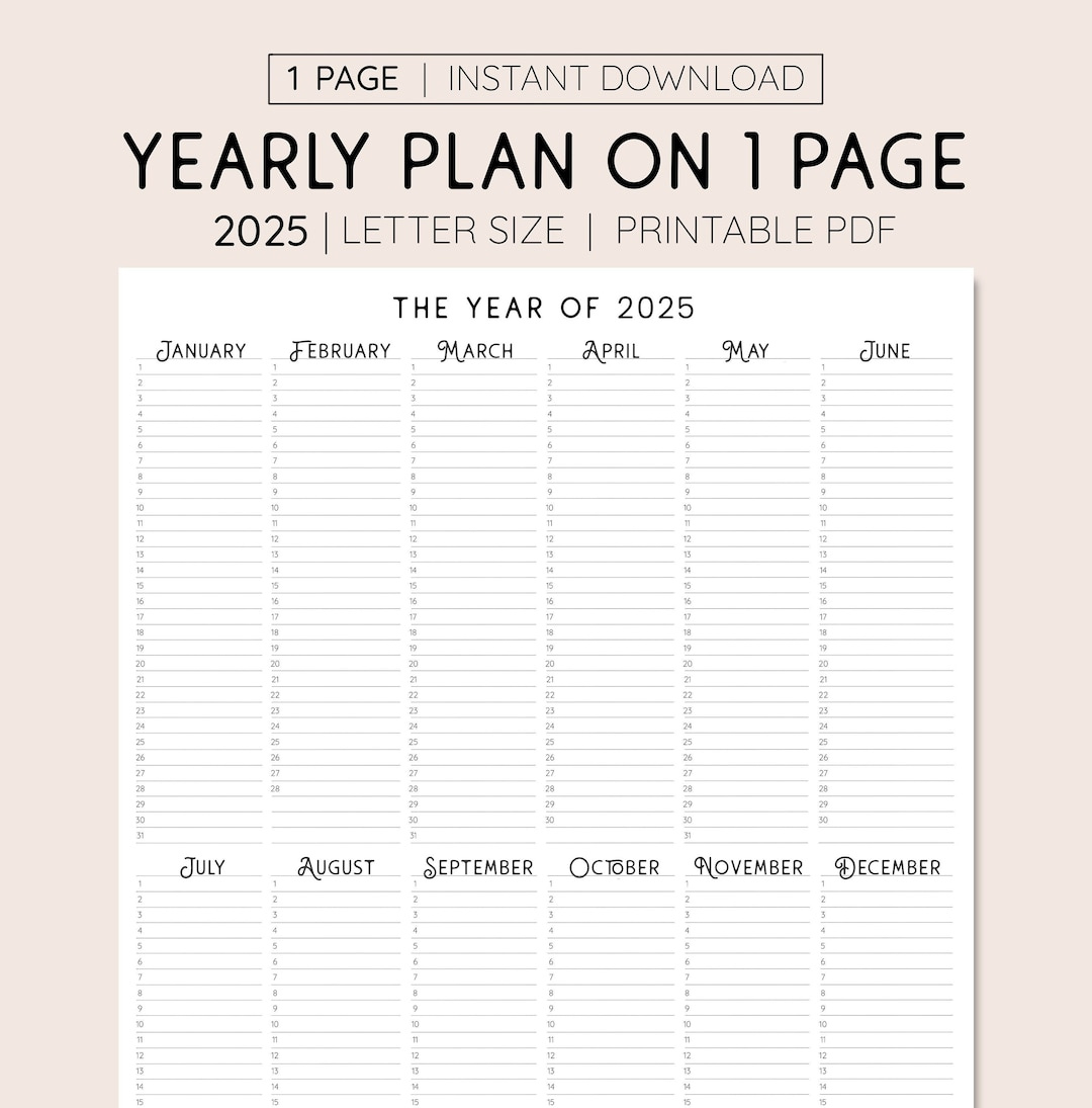 2025 Year At A Glance, Instant Download, Yearly Overview intended for A5 Year Calendar 2025 Printable