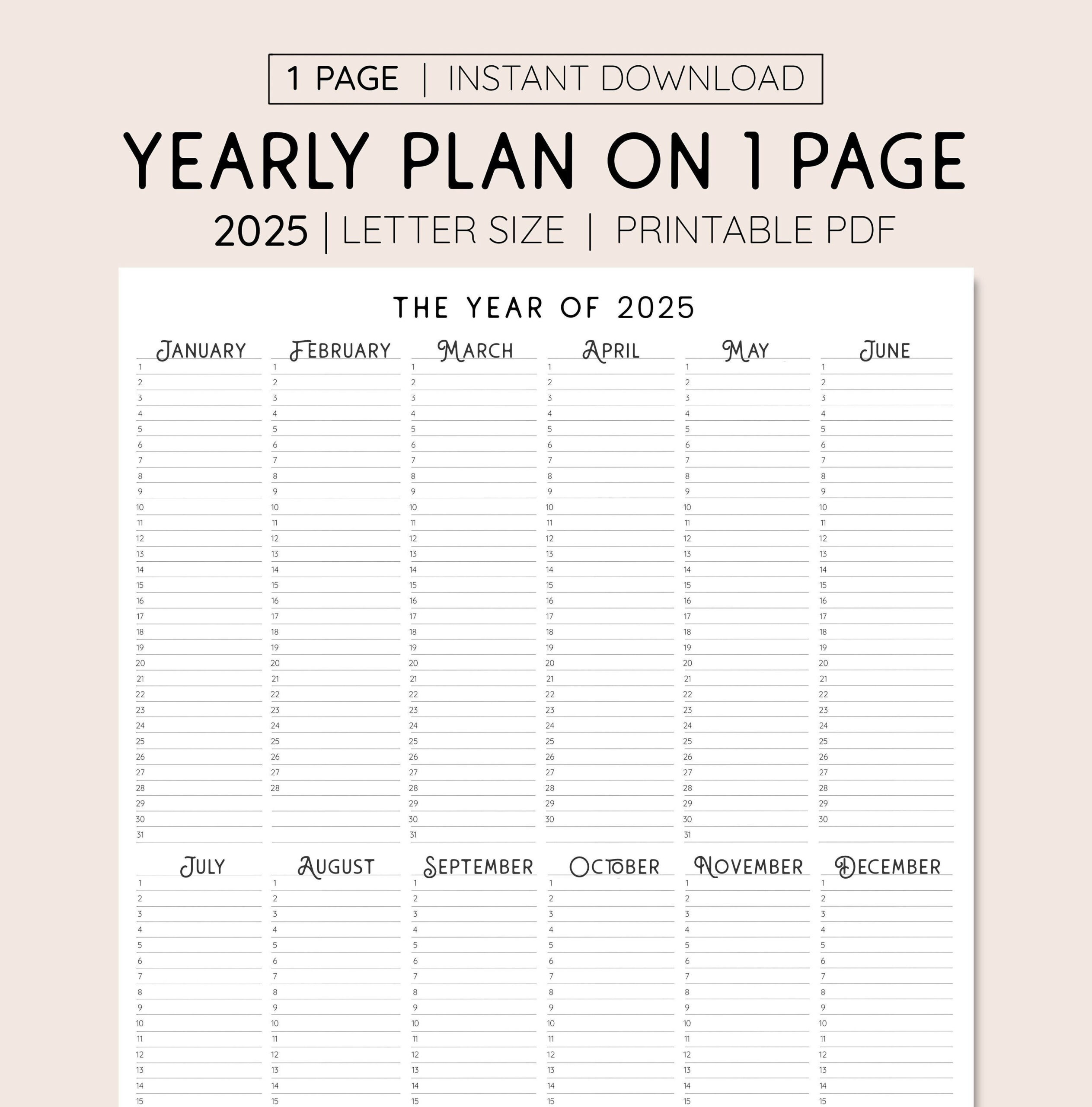 2025 Year At A Glance, Instant Download, Yearly Overview pertaining to Weekly Planning Calendar 2025 Printable