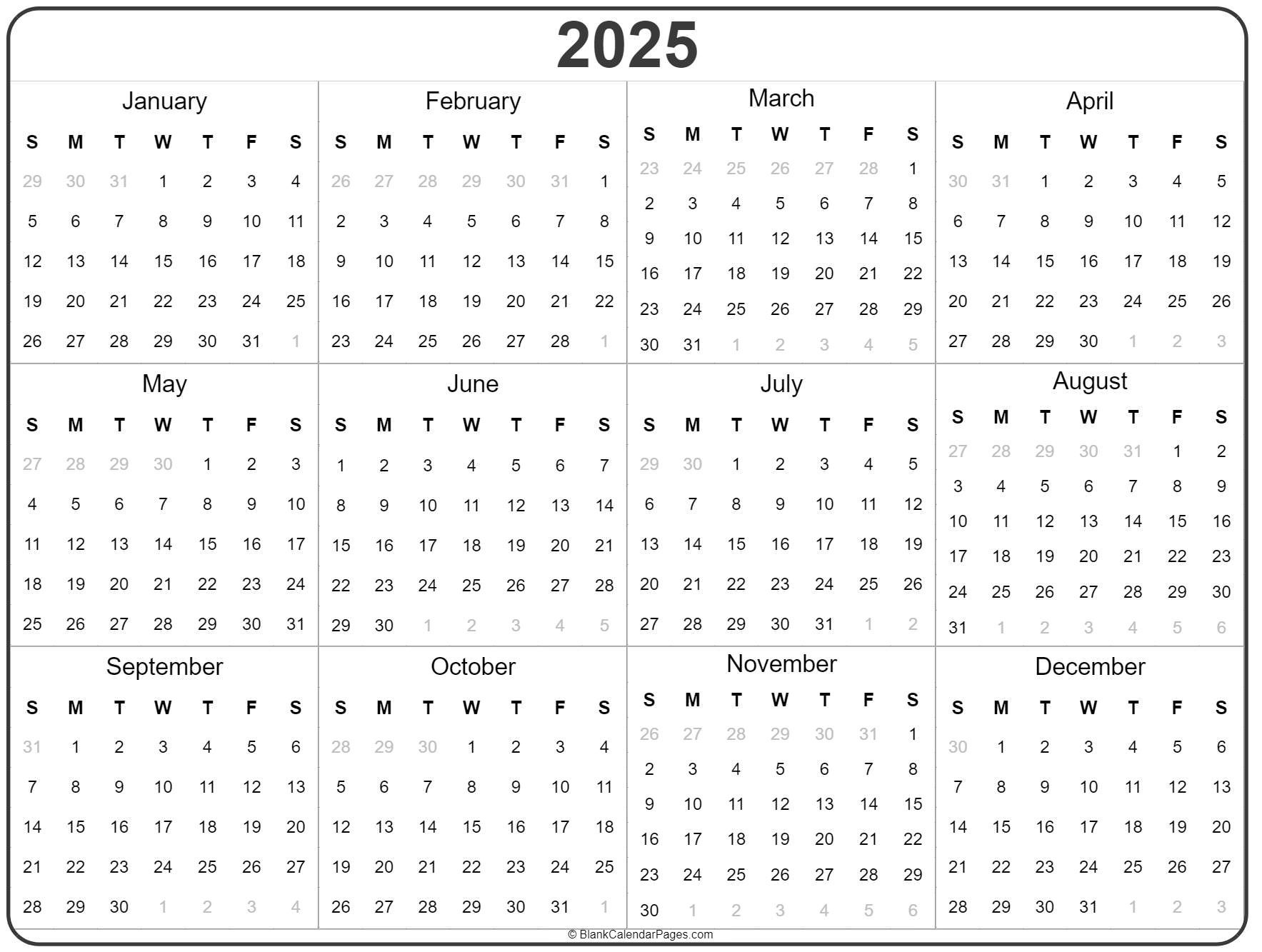 2025 Year Calendar | Yearly Printable for 2025 Printable Blank Calendar