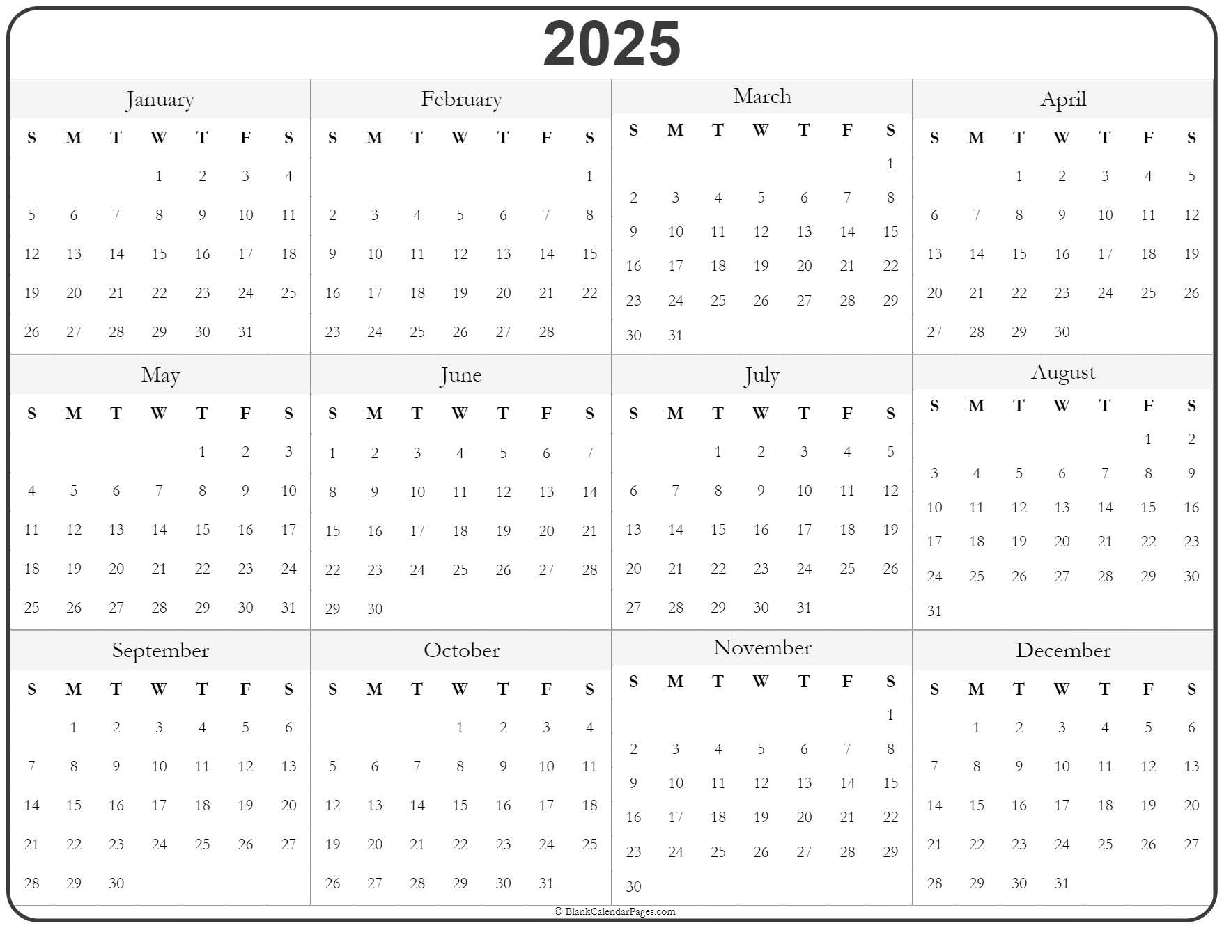 2025 Year Calendar | Yearly Printable for Basic 2025 Calendar Printable