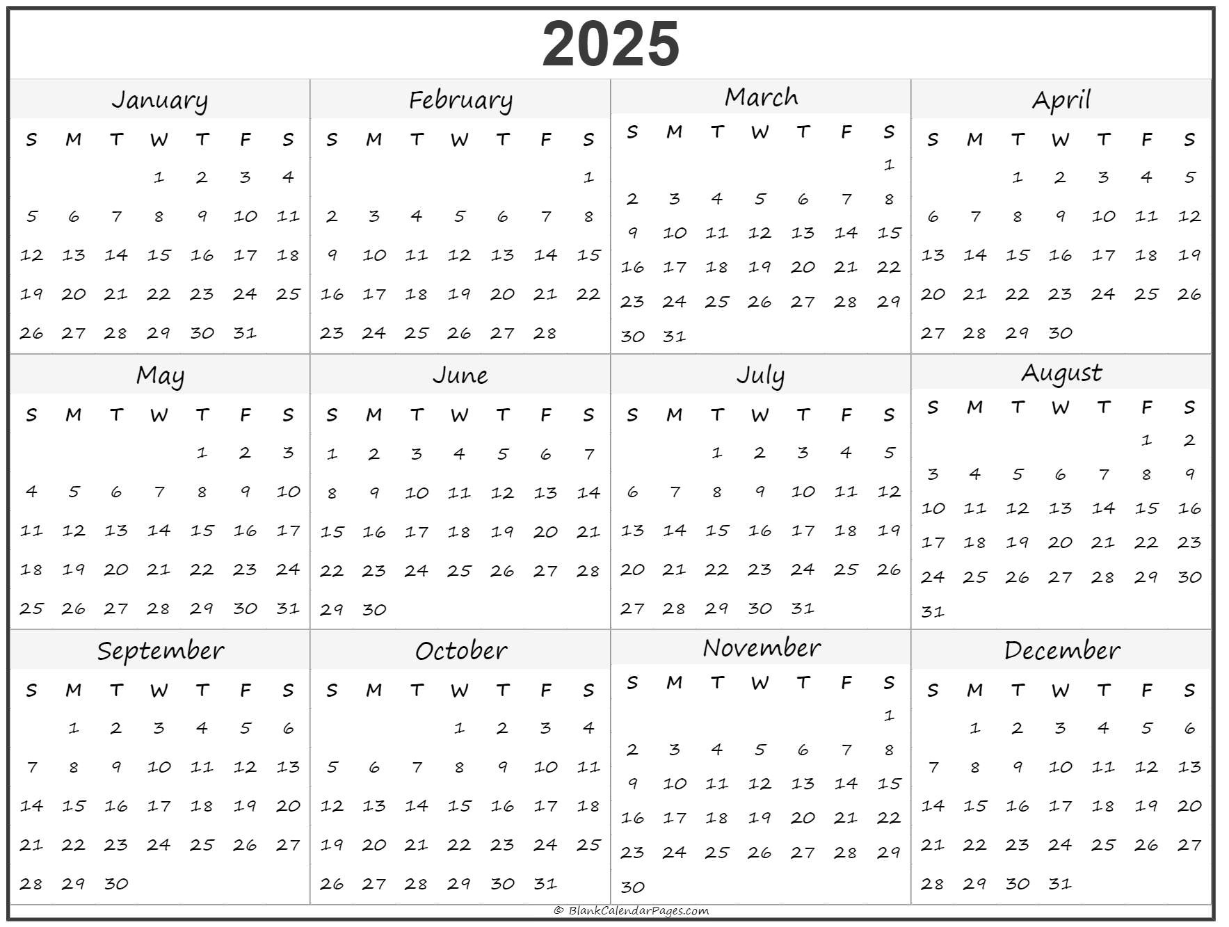 2025 Year Calendar | Yearly Printable within 5 Year Calendar 2025 to 2025 Printable