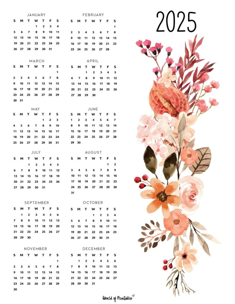 2025 Year Calendars - 70 Best Printables - World Of Printables for Free Printable Floral Calendar 2025