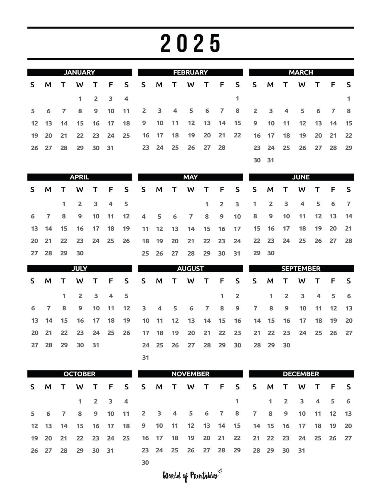 2025 Year Calendars - 70 Best Printables - World Of Printables inside 2025 Printable Calendar 1 Page