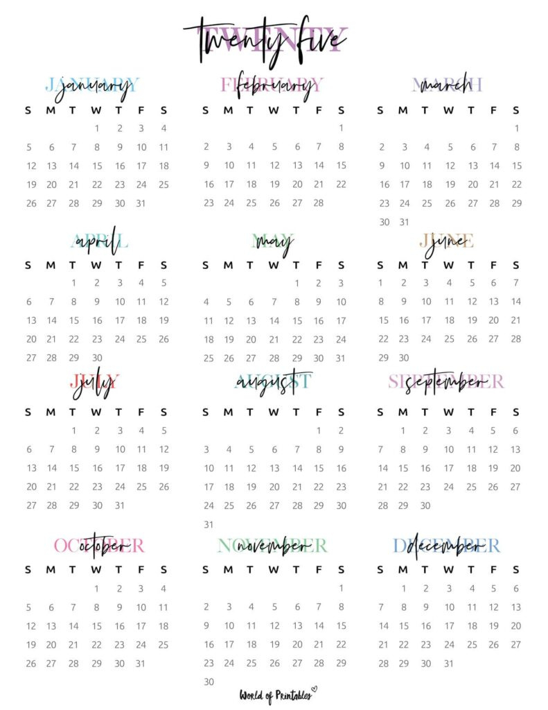 2025 Year Calendars - 70 Best Printables - World Of Printables with Free Calendar Printables 2025