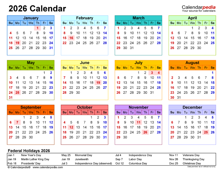 Free Printable Monthly Calendar 2026 with Holidays